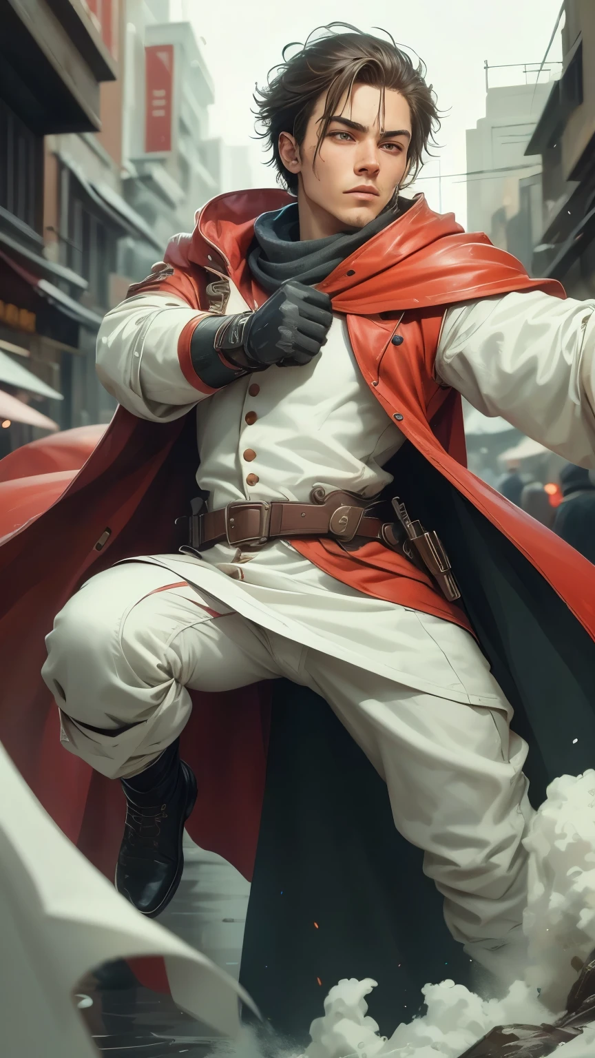 Develop the image of a hero in a red and white suit. The hero must have a noble and powerful appearance., with pronounced character traits. Un disfraz rojo y blanco debe ser moderno y futurista, with technological elements and details, that make it unique. The hero must be in a fighting pose, lanzando un golpe. La escena de fondo puede ser un paisaje urbano. Feel free to add creative and interesting details, to make the hero even more exciting