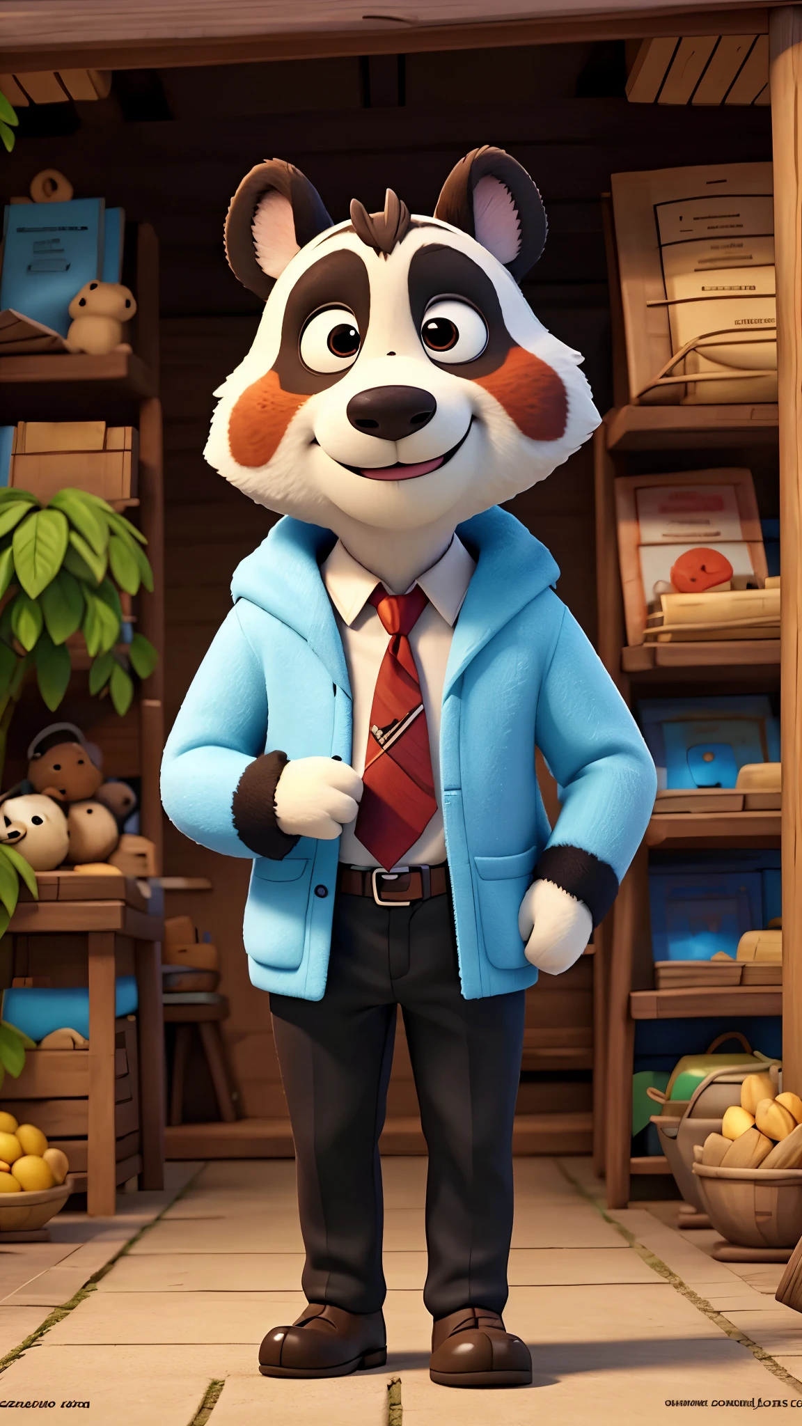 Oso panda con traje de ejecutivo y portafolio caminando por zootopia