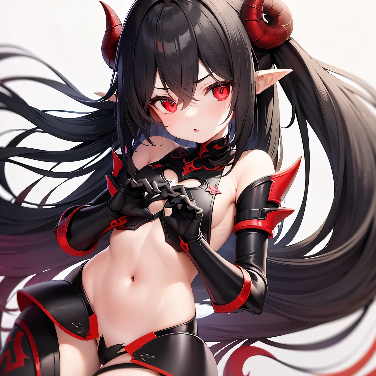 20 year old Girl. Demon. Elbow wings. Red horns. Pointed ears. Black hair. White skin. Light red eyes. Black semi revealing armor. Black gauntlets. Small. Naked