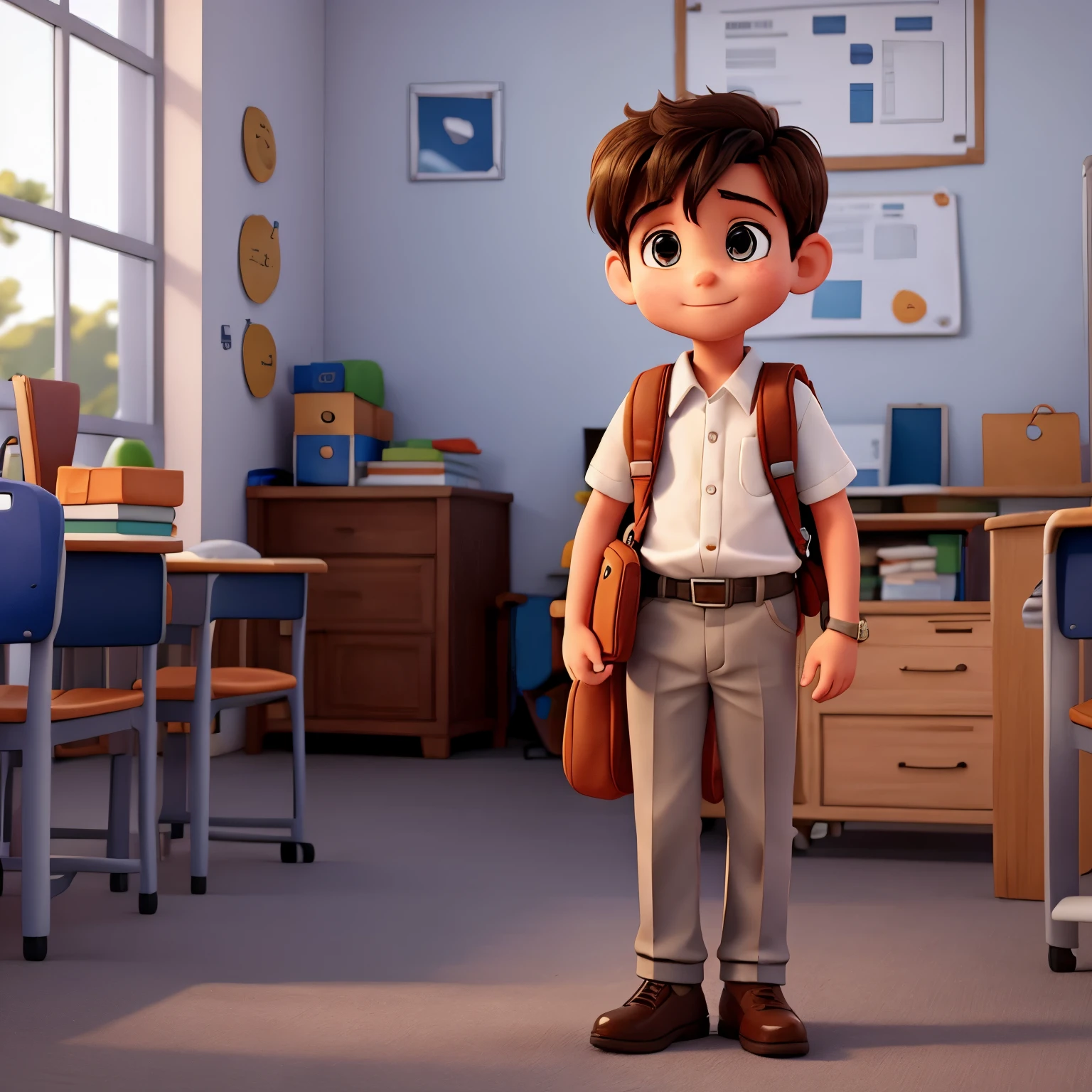 3 year old boy in white shirt with backpack and school background