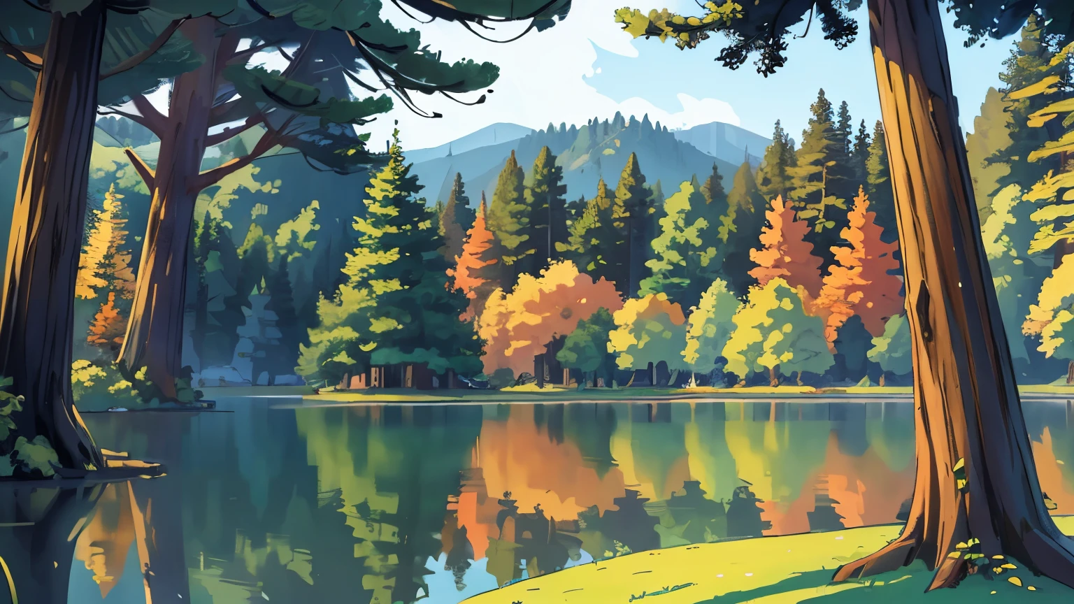 ((Masterpiece)), ((Best Quality)), A tranquil lake surrounded by towering redwoods, creating a serene and otherworldly natural sanctuary.