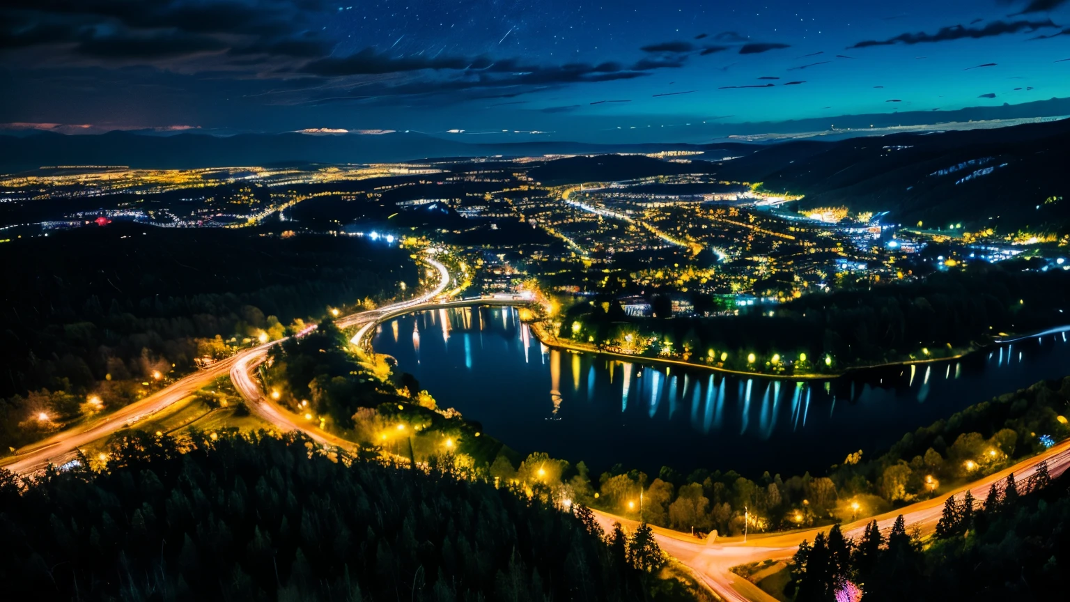 (aerial view), flying airplan through the skies, airplane, beautiful view, panorama, mountain view, lake, roads, forest, some vilage, clouds, night, lights, beautiful stars on sky, raw photo, realistic photography,