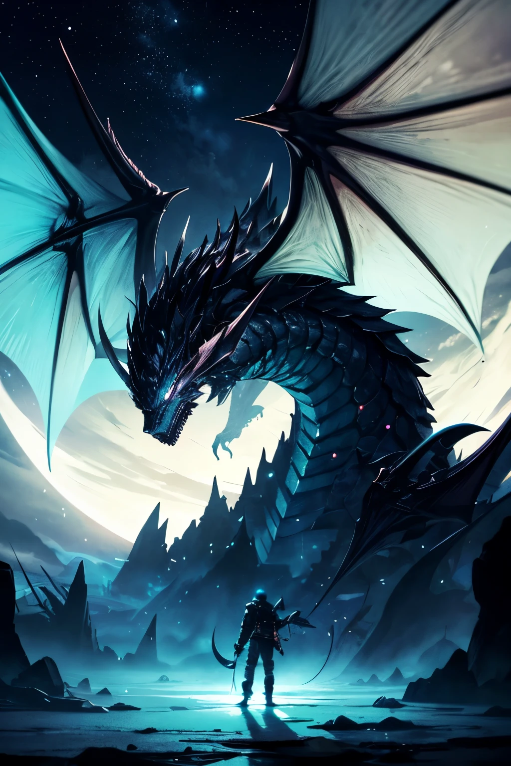 cyan moon background,dreamy night sky,Pitch black earth,Epic battlefield,A tiny human man dressed all in black fights a giant dragon,One looks like Bahamut with huge golden wings