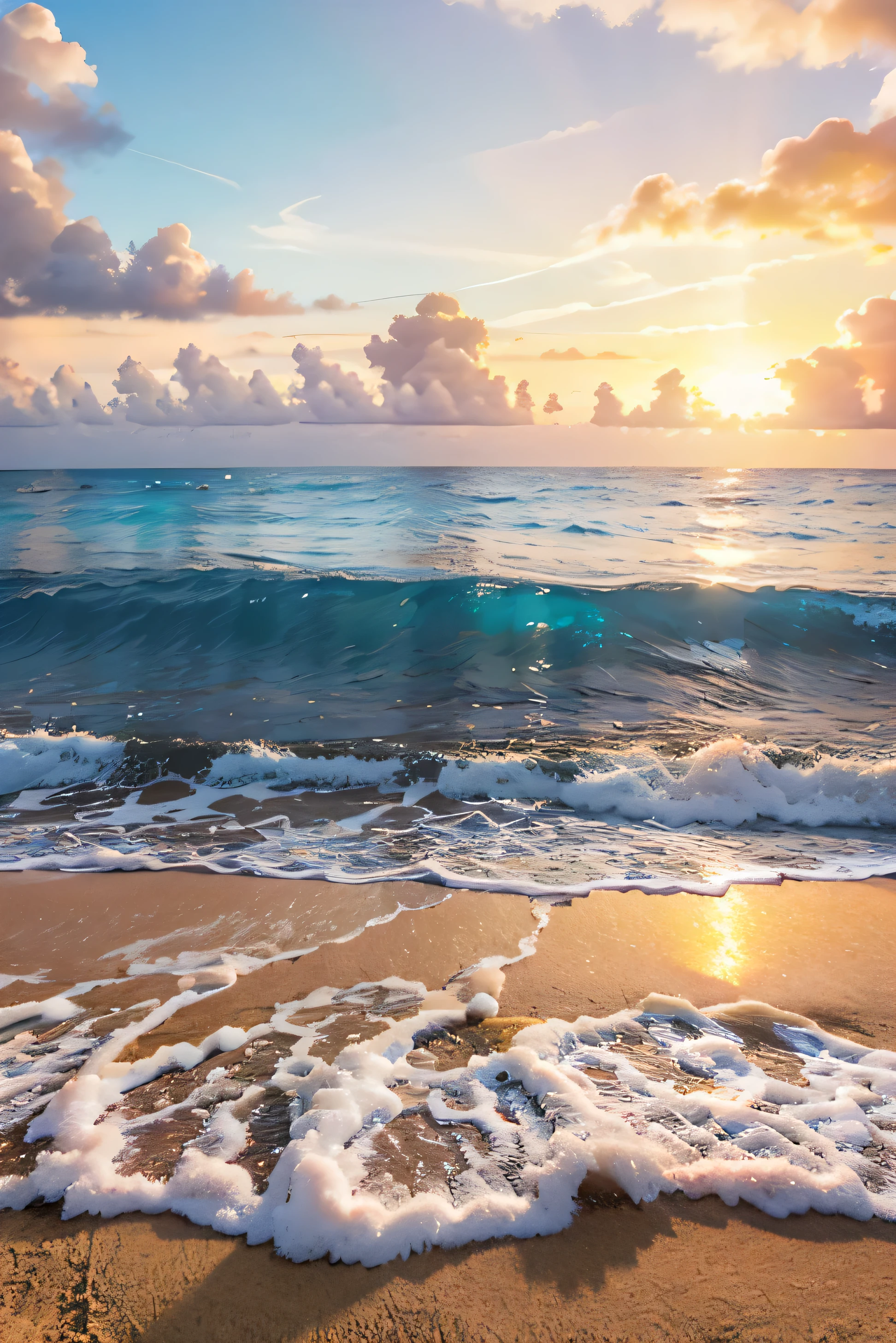 Beautiful sunrise on a Caribbean island with a pristine blue beach in the foreground, con arena dorada reflejando los primeros rayos del sol, frescas olas turquesas rompiendo en la orilla, under a bright sky bathed in pink tones, Naranja, y amarillo. Render this as a photograph."