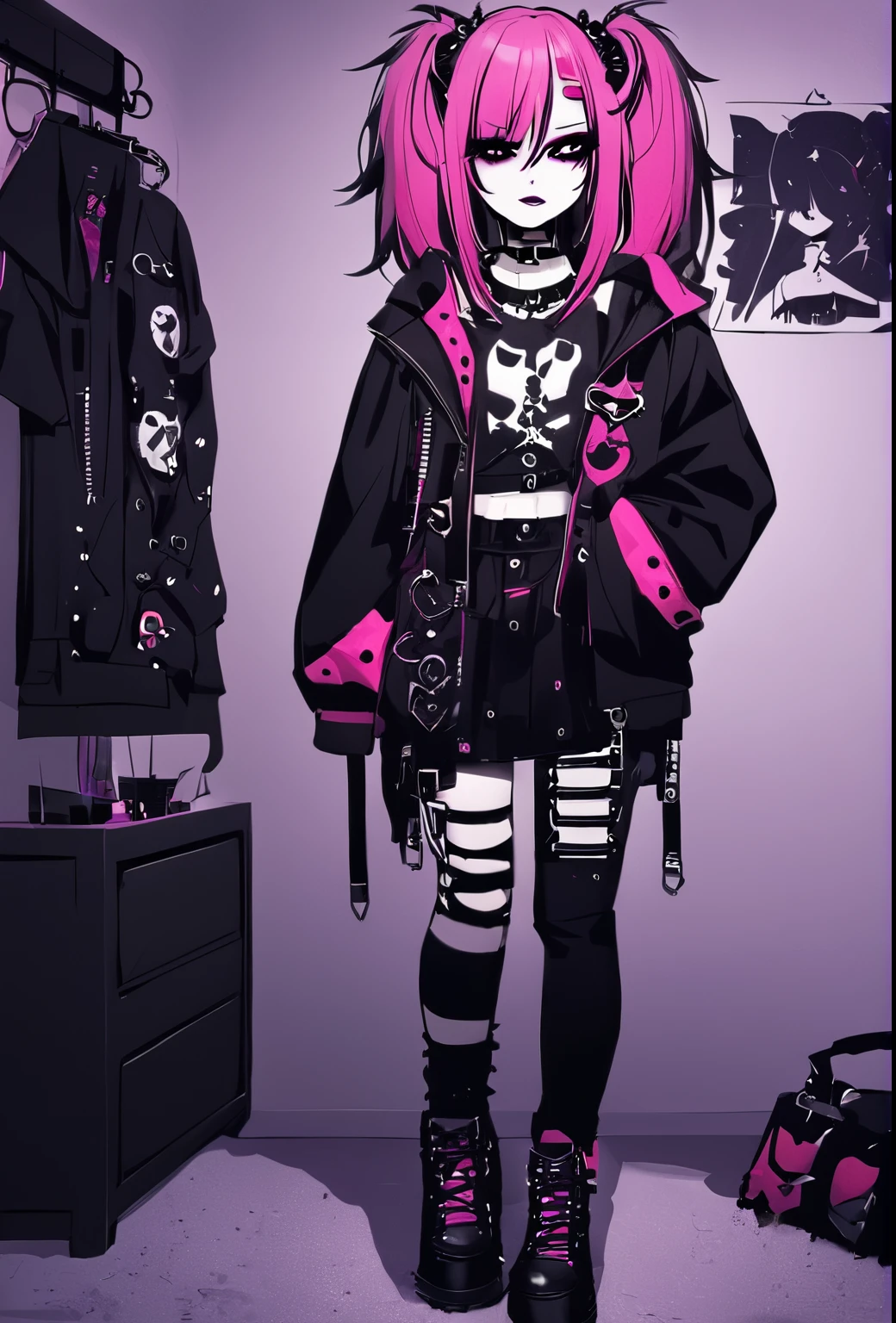 woman, Holo-Punk Style, beautiful woman in messy bedroom, full body, poofy hair,
eyeliner,
emo,
emo makeup,
goth, pink hair