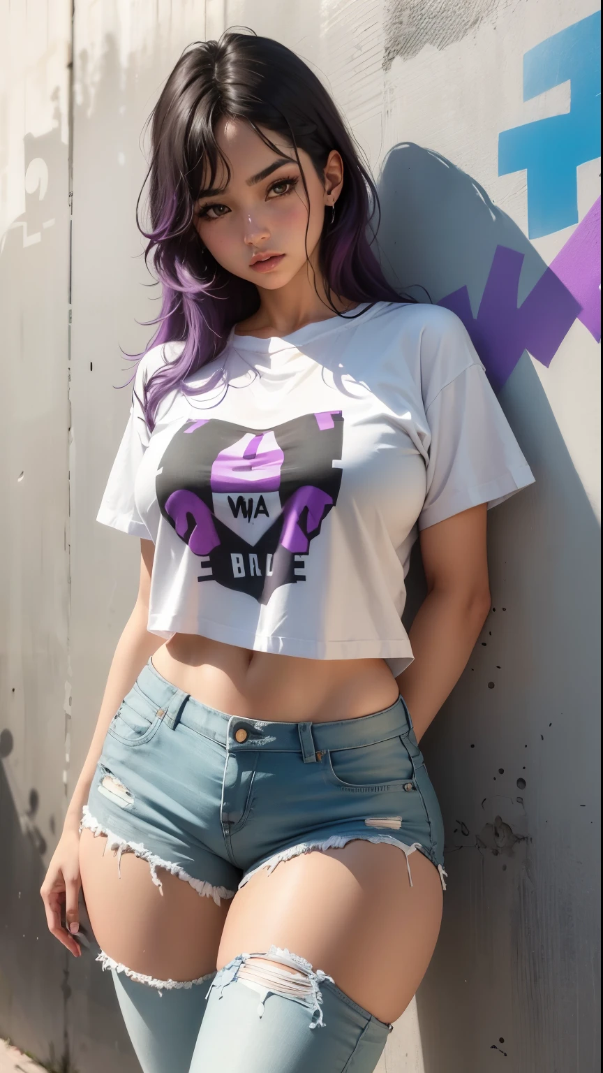 Woman body defined thick thighs cyber body parts, con cabello violeta, ropa interior corta, camisa transparente mostrando el pico del pecho, realista, camiseta blanca,  y pantalones grises,  pared de graffiti como fondo