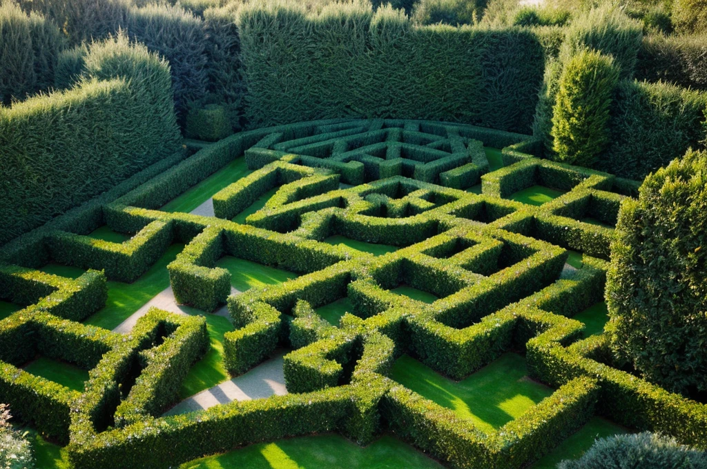 (aerial view of a maze made with hedges),top-down perspective,high-res,ultra-detailed,realistic lighting,vibrant colors,lush greenery,detailed hedge patterns,hints of flowers blooming throughout the maze,clear pathways leading to the center,intricate design,perfect symmetry,glimpse of a hidden garden at the center,playful atmosphere,node of a fountain as a focal point,soft rays of sunlight shining through the maze,imposing trees surrounding the maze,serene and peaceful ambiance,tranquil escape from the outside world,meticulously trimmed hedges,immaculate condition of the maze,ideal location for a leisurely stroll or a challenging adventure,a touch of mystery and awe in the maze's complexity.