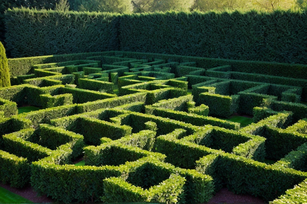 (aerial view of a maze made with hedges),top-down perspective,high-res,ultra-detailed,realistic lighting,vibrant colors,lush greenery,detailed hedge patterns,hints of flowers blooming throughout the maze,clear pathways leading to the center,intricate design,perfect symmetry,glimpse of a hidden garden at the center,playful atmosphere,node of a fountain as a focal point,soft rays of sunlight shining through the maze,imposing trees surrounding the maze,serene and peaceful ambiance,tranquil escape from the outside world,meticulously trimmed hedges,immaculate condition of the maze,ideal location for a leisurely stroll or a challenging adventure,a touch of mystery and awe in the maze's complexity.