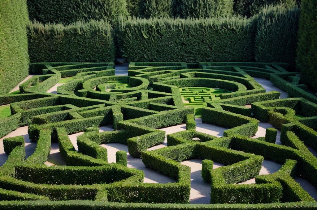 (aerial view of a maze made with hedges),top-down perspective,high-res,ultra-detailed,realistic lighting,vibrant colors,lush greenery,detailed hedge patterns,hints of flowers blooming throughout the maze,clear pathways leading to the center,intricate design,perfect symmetry,glimpse of a hidden garden at the center,playful atmosphere,node of a fountain as a focal point,soft rays of sunlight shining through the maze,imposing trees surrounding the maze,serene and peaceful ambiance,tranquil escape from the outside world,meticulously trimmed hedges,immaculate condition of the maze,ideal location for a leisurely stroll or a challenging adventure,a touch of mystery and awe in the maze's complexity.
