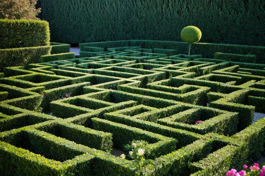 (aerial view of a maze made with hedges),top-down perspective,high-res,ultra-detailed,realistic lighting,vibrant colors,lush greenery,detailed hedge patterns,hints of flowers blooming throughout the maze,clear pathways leading to the center,intricate design,perfect symmetry,glimpse of a hidden garden at the center,playful atmosphere,node of a fountain as a focal point,soft rays of sunlight shining through the maze,imposing trees surrounding the maze,serene and peaceful ambiance,tranquil escape from the outside world,meticulously trimmed hedges,immaculate condition of the maze,ideal location for a leisurely stroll or a challenging adventure,a touch of mystery and awe in the maze's complexity.