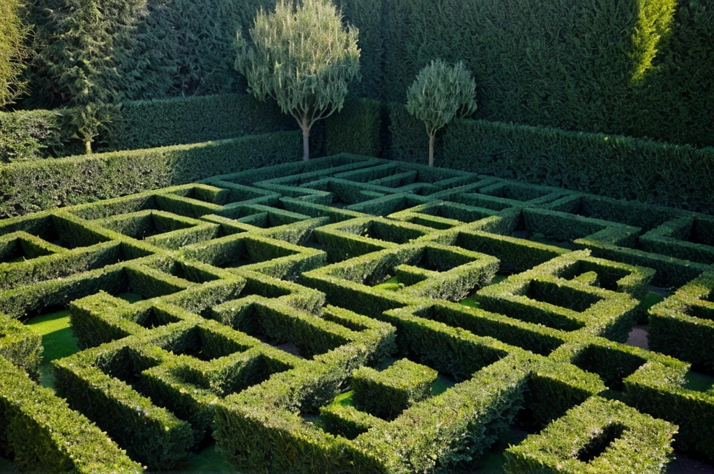 (aerial view of a maze made with hedges),top-down perspective,high-res,ultra-detailed,realistic lighting,vibrant colors,lush greenery,detailed hedge patterns,hints of flowers blooming throughout the maze,clear pathways leading to the center,intricate design,perfect symmetry,glimpse of a hidden garden at the center,playful atmosphere,node of a fountain as a focal point,soft rays of sunlight shining through the maze,imposing trees surrounding the maze,serene and peaceful ambiance,tranquil escape from the outside world,meticulously trimmed hedges,immaculate condition of the maze,ideal location for a leisurely stroll or a challenging adventure,a touch of mystery and awe in the maze's complexity.