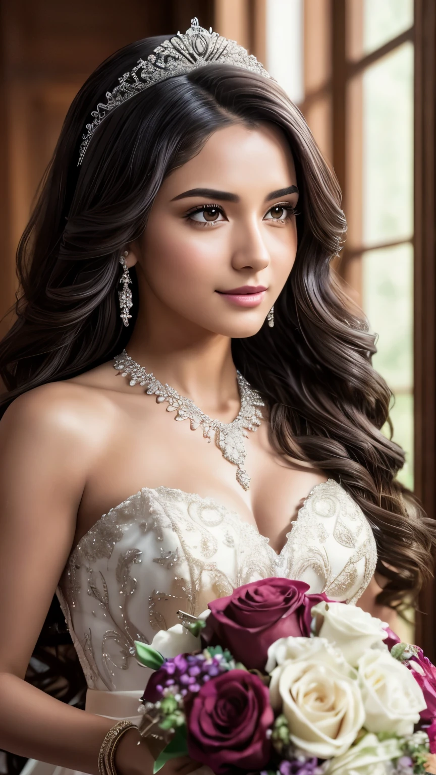 A beautiful mixed brown hair looking young woman in the age of 26 wearing a bridal gown, she has beautiful small eyes and long natural eyelashes, she has small but little full rose lips and black curly long hair . On her hand she has a beautiful bridal bouquet. She is smiling . Ultra realistic photo macro picture.super real . She has small snub nose, she looks like beauty queen. Skin so natural spoken see pores, Shot on a Hasselblad medium format camera with a 100mm lens. Unmistakable to a photograph. Cinematic lighting. Very accurate representations and details for the photos 4k, 8k, 16k, full ultra hd, high resolution and cinematic photography --ar 3:2 --v 5 --up-beta --v 5 --Screen Space Reflections --Diffraction Grading --Chromatic Aberration --GB Displacement --Scan Lines --Ambient Occlusion --Anti-Aliasing FKAA --TXAA --RTX --SSAO --OpenGL-Shader’s --Post Processing --Post-Production --Cell Shading --Tone Mapping --CGI --VFX --SFX --insanely detailed and intricate --hyper maximalist --elegant --dynamic pose --photography --volumetric --ultra-detailed --intricate details --super detailed --ambient –uplight