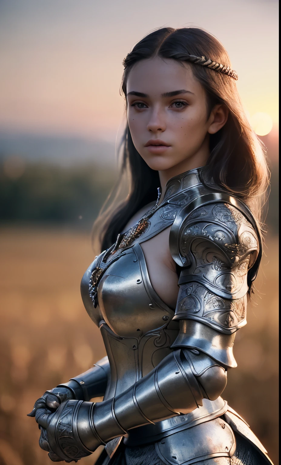 (masterpiece), (extremely intricate:1.3), (realistic), portrait of a girl, the most beautiful in the world, (medieval armor), metal reflections, upper body, outdoors, intense sunlight, far away castle, professional photograph of a stunning woman detailed, sharp focus, dramatic, award winning, cinematic lighting, octane render  unreal engine,  volumetrics dtx, (film grain, blurry background, blurry foreground, bokeh, depth of field, sunset, motion blur:1.3), chainmail