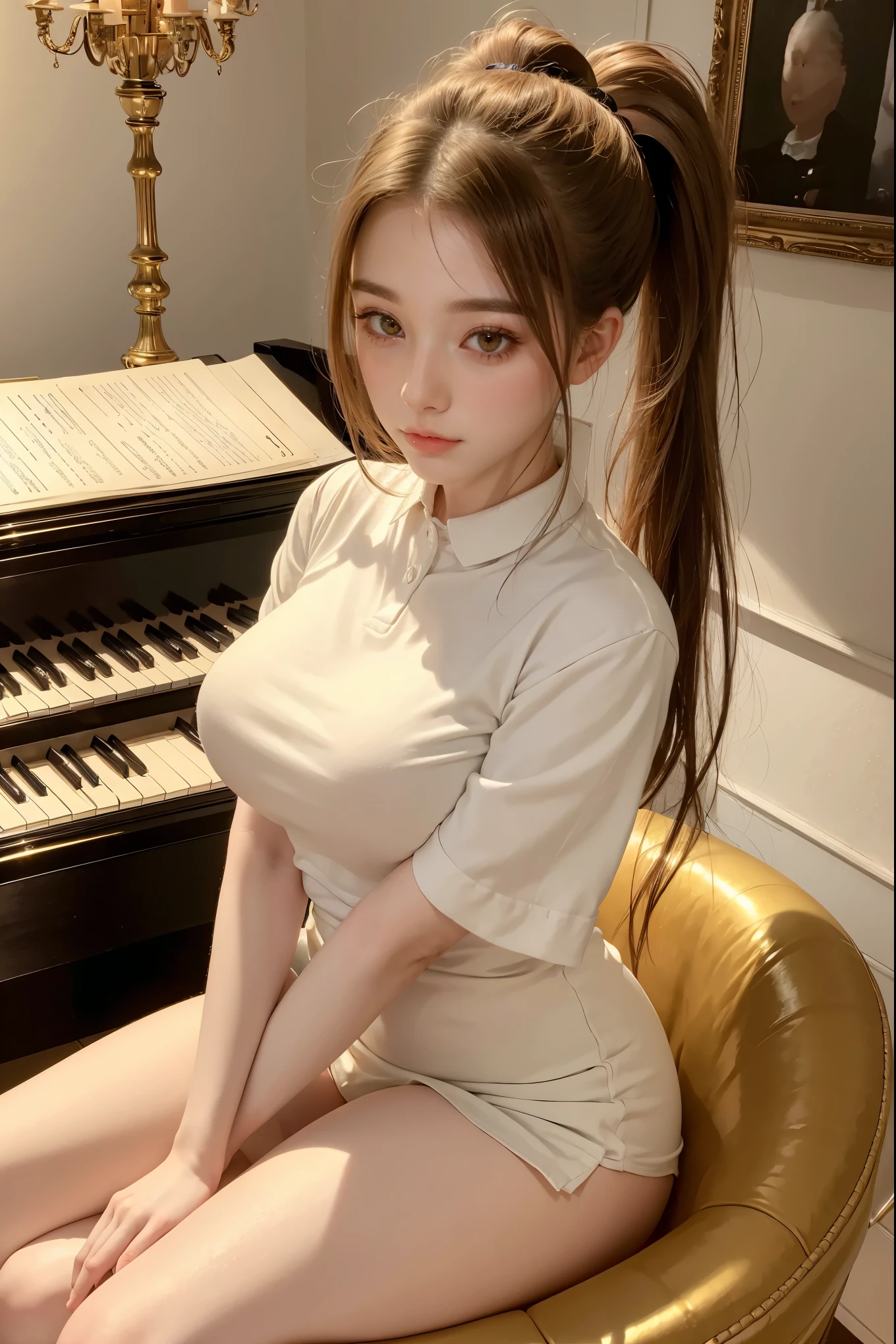 1 Girl, Beautiful, Baby symmetric Face, ,,enormous Breasts ,wearing a catholic school uniform )), Posing For Photos in The Bedroom,golden Hair in a ponytail adorable masterpiece yellow honey eyes, seductive sitting near a grand piano, very thick hourglass figure body,