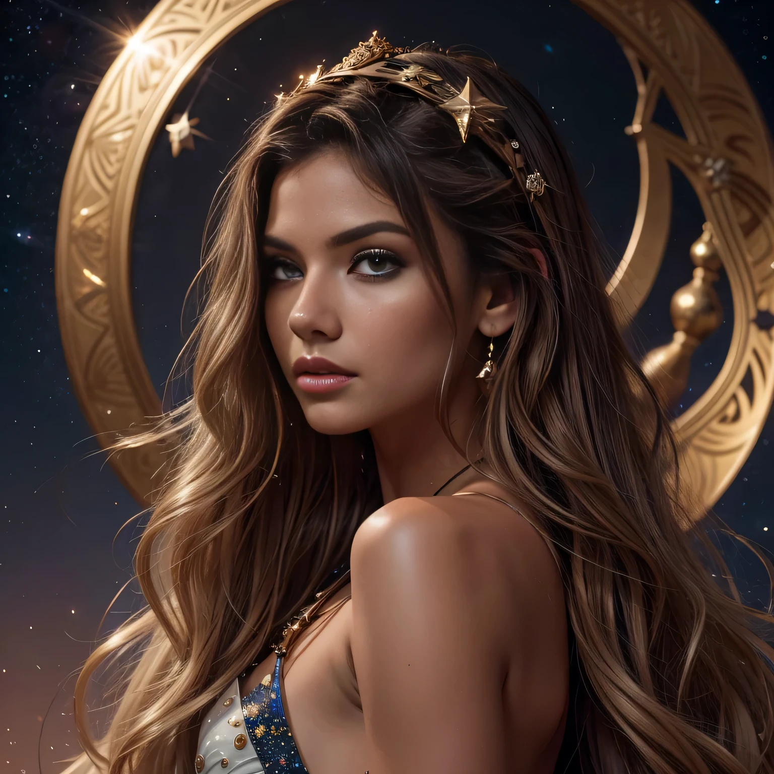 Explore the celestial realm by incorporating celestial motifs and cosmic imagery into high fashion photography. Dress the model in celestial-themed garments adorned with celestial bodies like stars, moons, and galaxies. Style hair in celestial-inspired shapes, such as spiral galaxies or comet tails, and accessorize with celestial-themed jewelry featuring celestial bodies and cosmic symbols. Utilize ethereal lighting effects to evoke the awe-inspiring beauty of the cosmos. romance, and intrigue, cinematic, photorealistic, 8K, tall, pretty, long hair brunette, fit