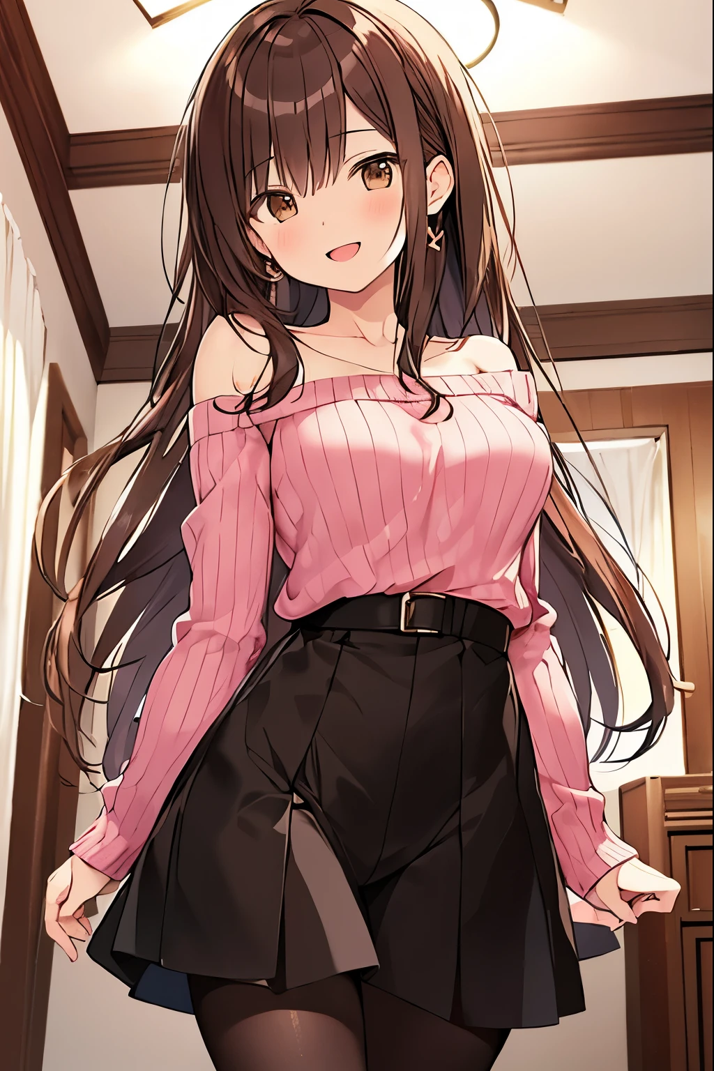 highest quality, (masterpiece:1.2), very detailed, indoor, Are standing,
1 girl, alone, irido yume, Upper body,
looking at the viewer, open your mouth, smile, medium breasts,
brown eyes, dark brown hair, long hair, high oclip, pink sweater, off shoulder, black pantyhose, short shorts, brown shorts