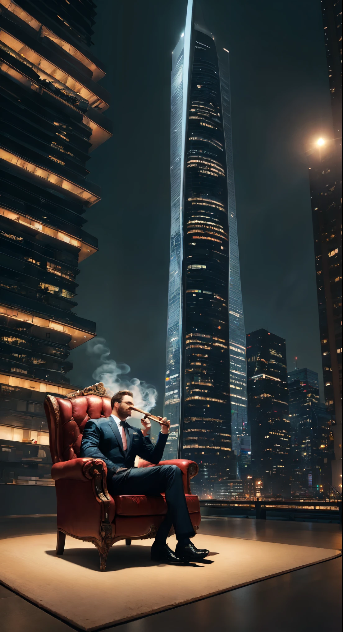 a skyscraper office in the big city, a male cyborg sits in a luxurious chair and smokes a big cigar, high quality, absurdres, masterpiece, beautiful, intricate details, 1/2 body crop, slim body, beautiful figure, magnificent anatomy, (intricate details:1.12), HDR, (intricate details, hyper-detailing:1.15), (natural skin textures, hyper realisitc, soft light, Sharp:1.2)