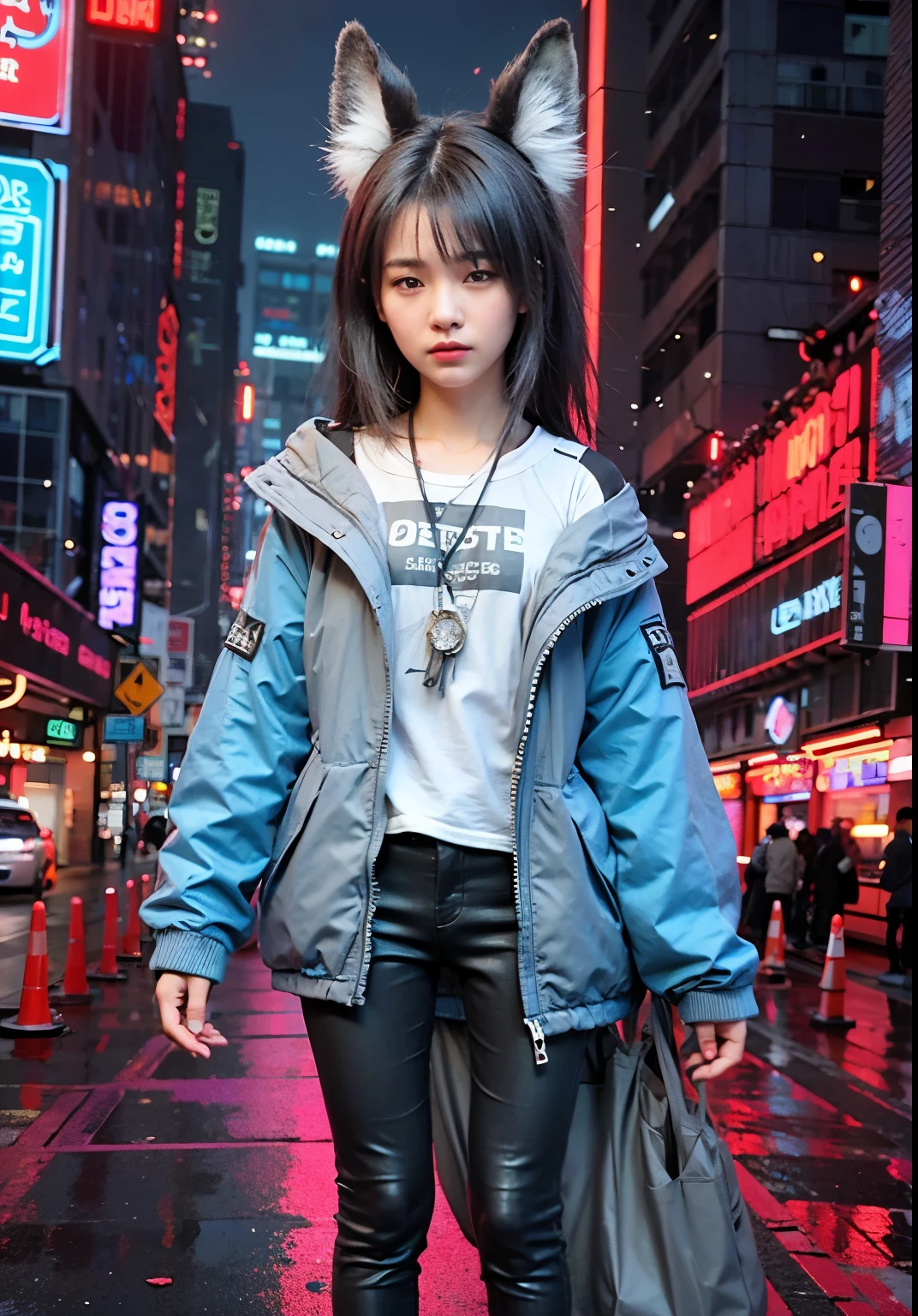 girl in a gray and blue jacket and black pants standing in a city, , cabelos pretos. 8K, hiperrealista, cyberpunk, cabelos curtos, orelhas de raposa, foto realista 4 k, uma calda peluda de raposa, vestindo roupas cyberpunk.