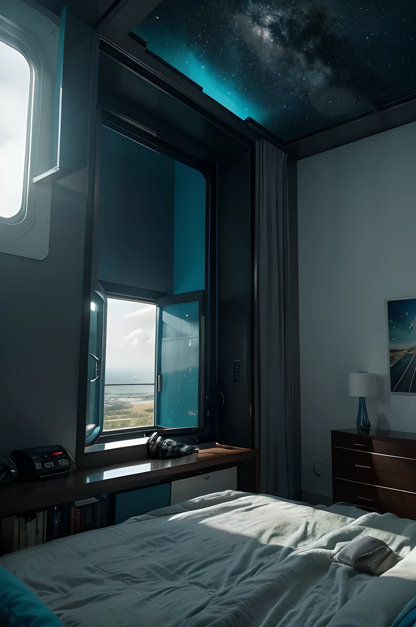 a beautiful sci-fi matte painting for bedroom by john harris, Sparth y Greg Rutkowski. bordes afilados, Azul Tiffany, naranja gris, blanco y dorado. Sci-fi bedroom on a space base., fuera de las ventanas un futuro horizonte de la ciudad, efecto de luz. ultra claro detallado, 3 days, renderizado de octanaje. 8 mil