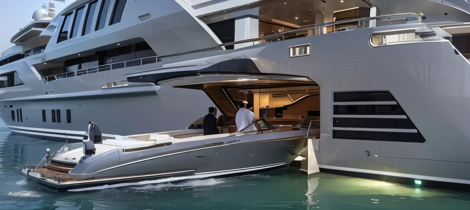 an arab billionaire from dubai parking his small yacht inside another large luxurious super yacht