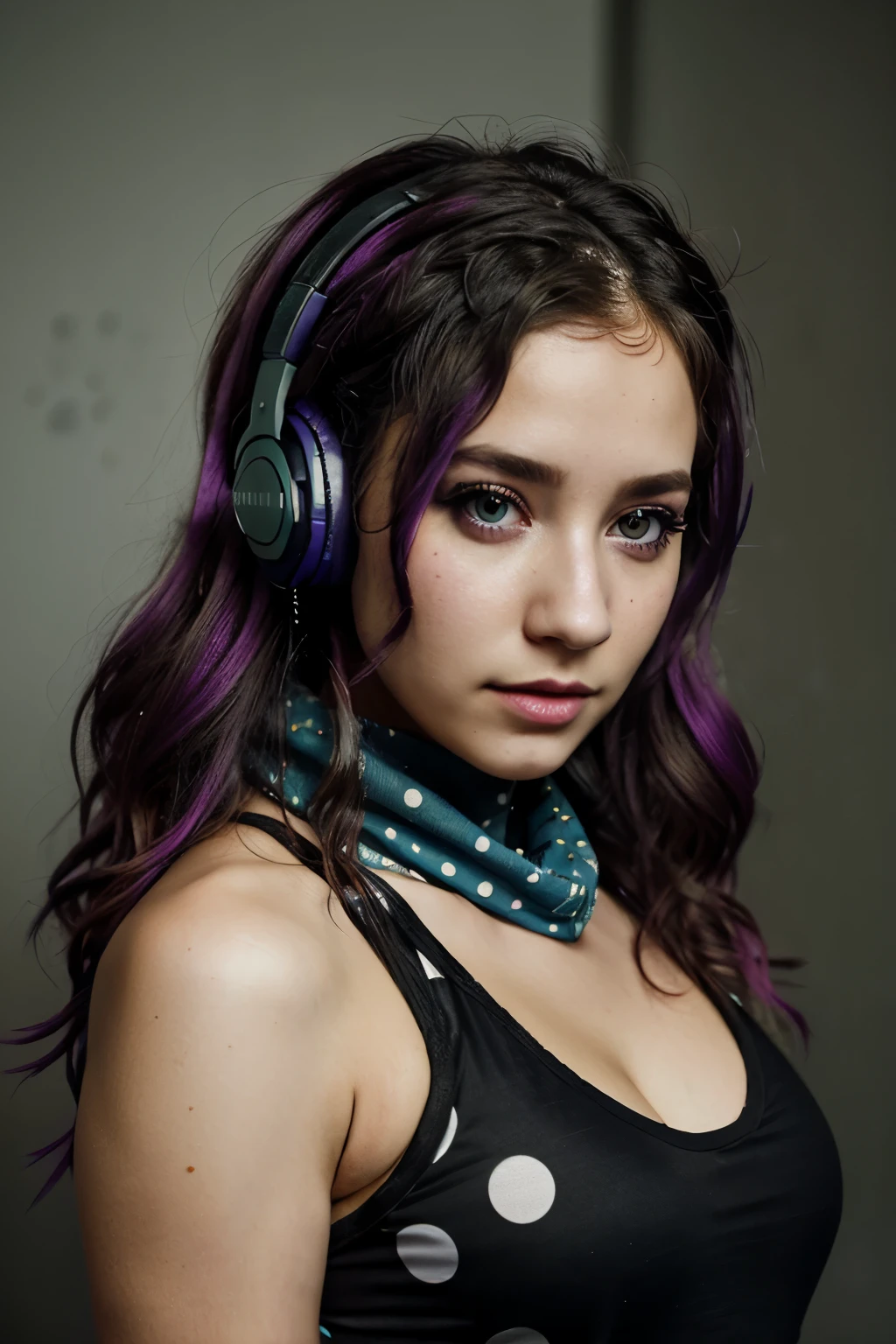 female twitchstreamer, 1girl, wearing headphones, colorful lighting