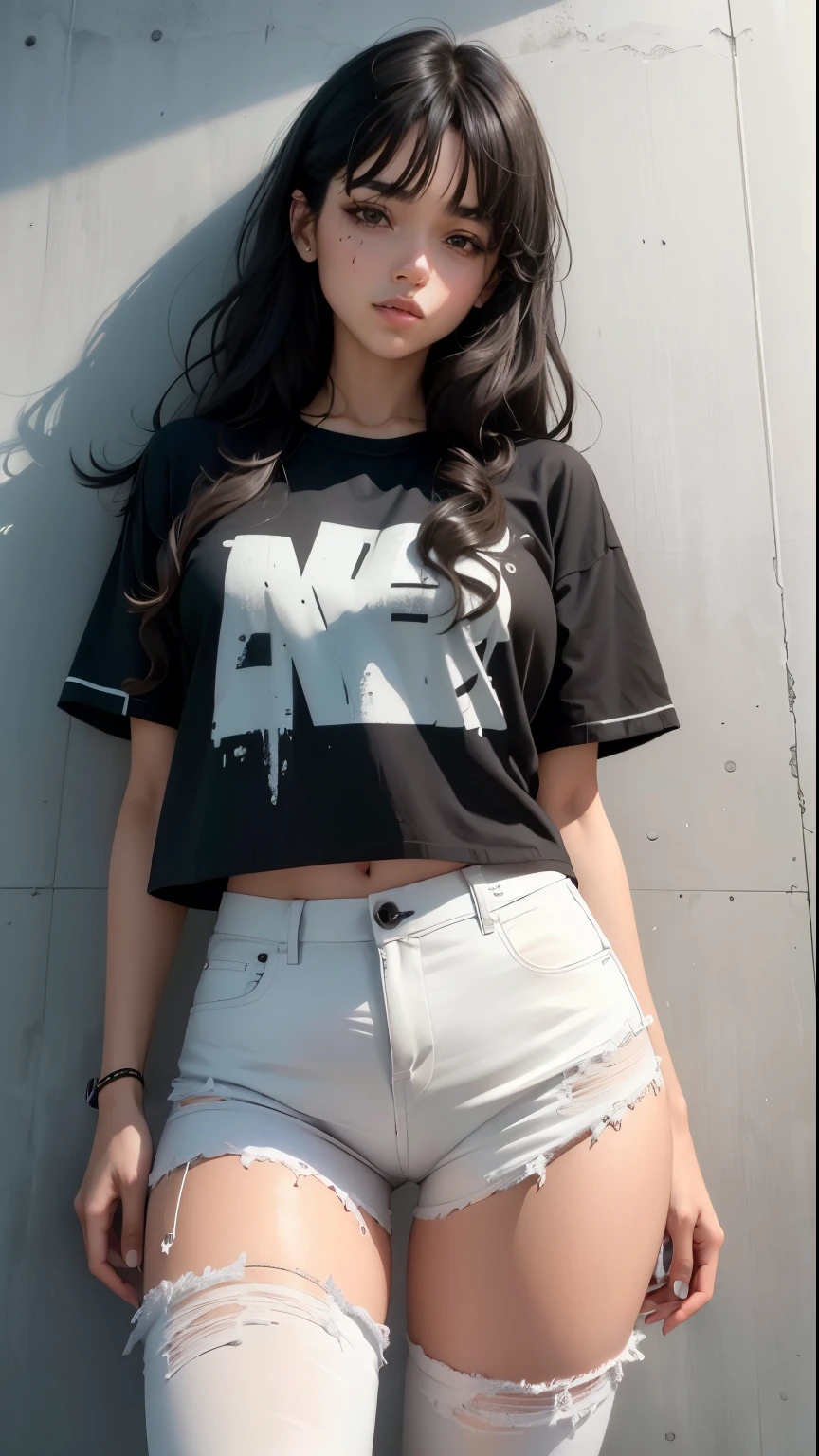 Woman body defined thick thighs cyber body parts, con cabello negro ropa interior corta, camisa transparente mostrando el pico del pecho, realista, camiseta blanca, y pantalones grises, carretera de graffiti como fondo