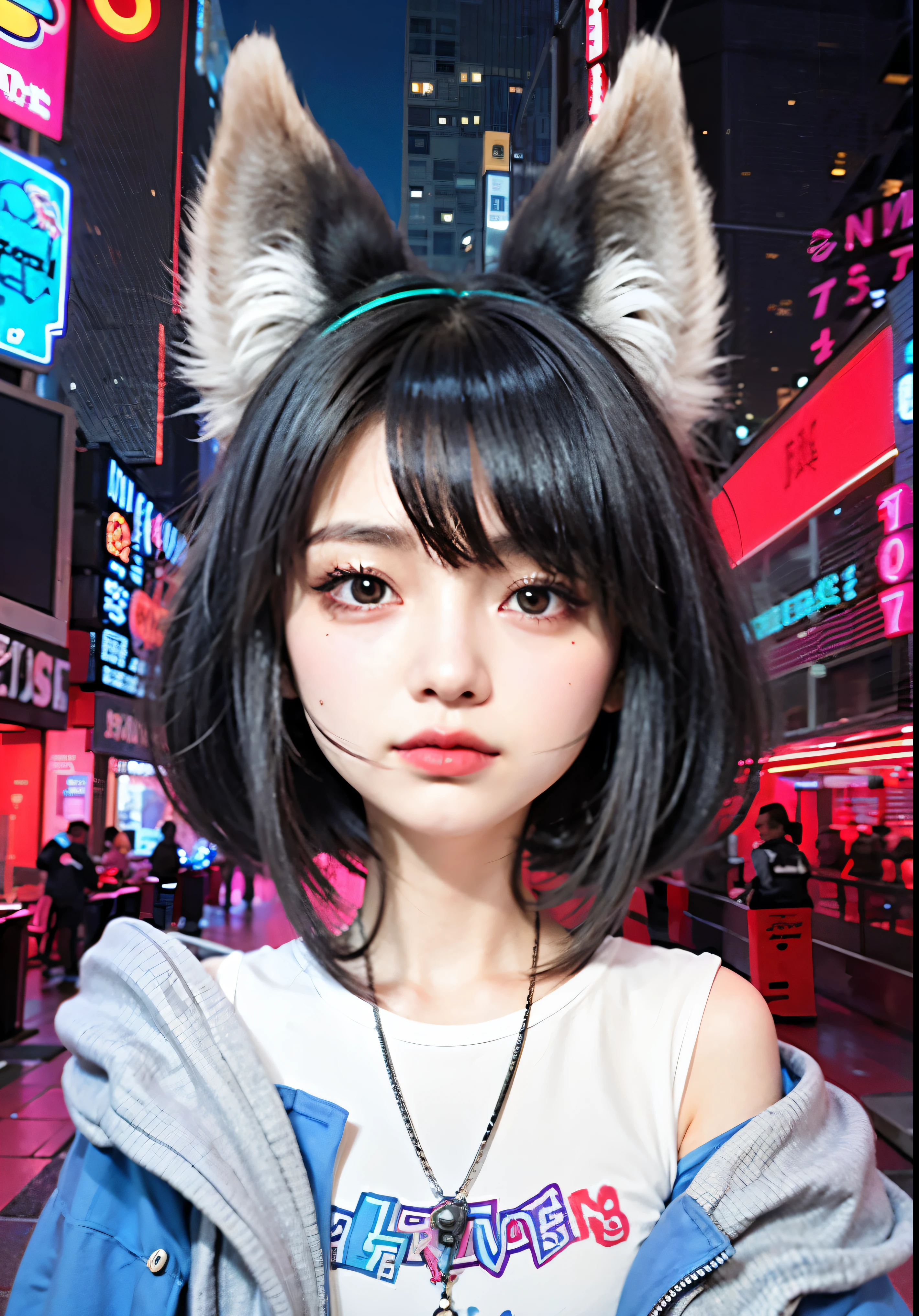garota com uma camisa branca com uma estampa de onda sonora, gray and blue jacket and black pants standing in a city, olhos azuis, cabelos pretos. 8K, hiperrealista, Ciberpunk, cabelos curtos, orelhas de raposa, foto realista 4 k, uma calda peluda de raposa, vestindo roupas Ciberpunk.