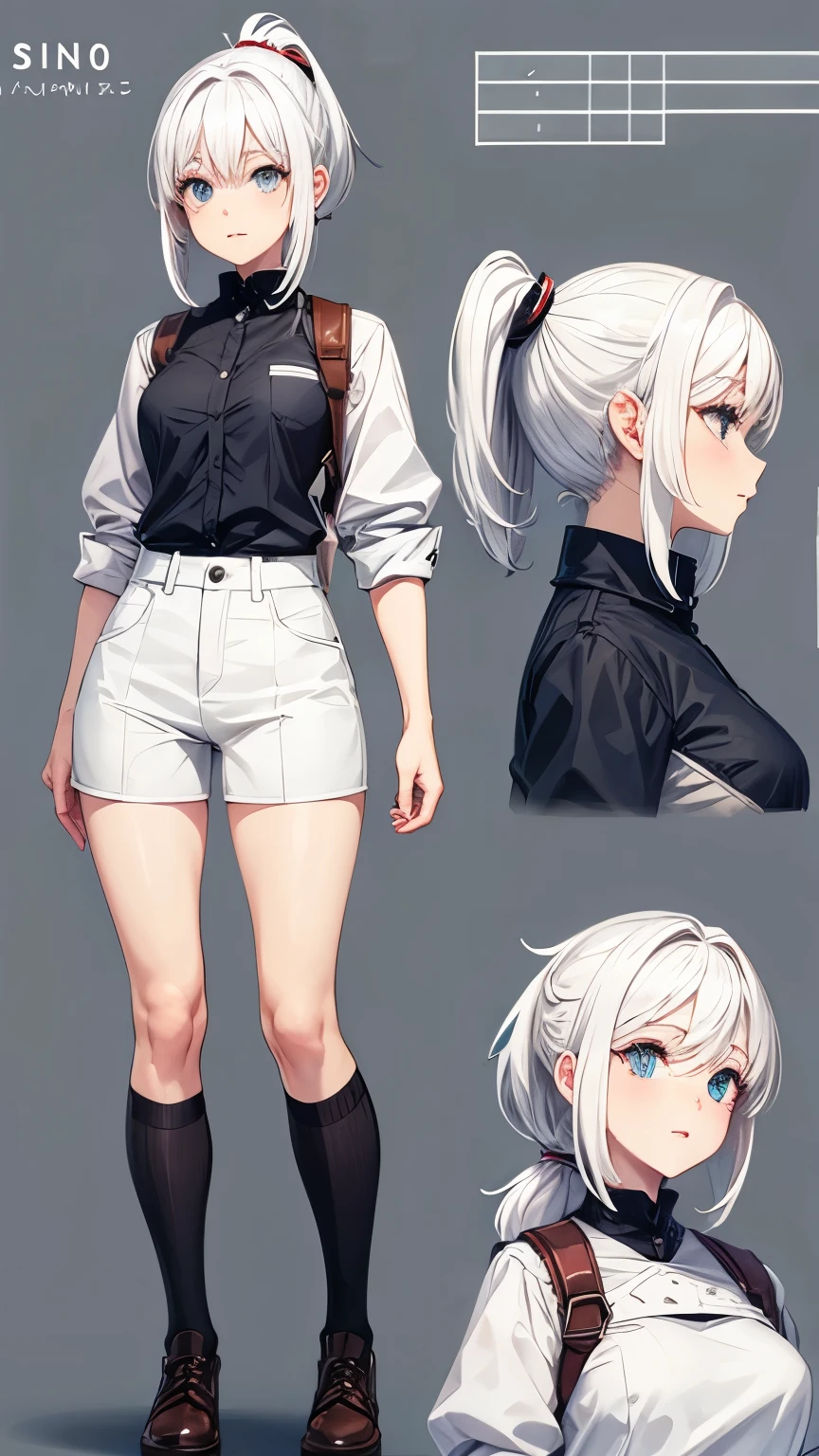 character reference sheet of a girl, white hair, short, big , cute, ponytail hair,
