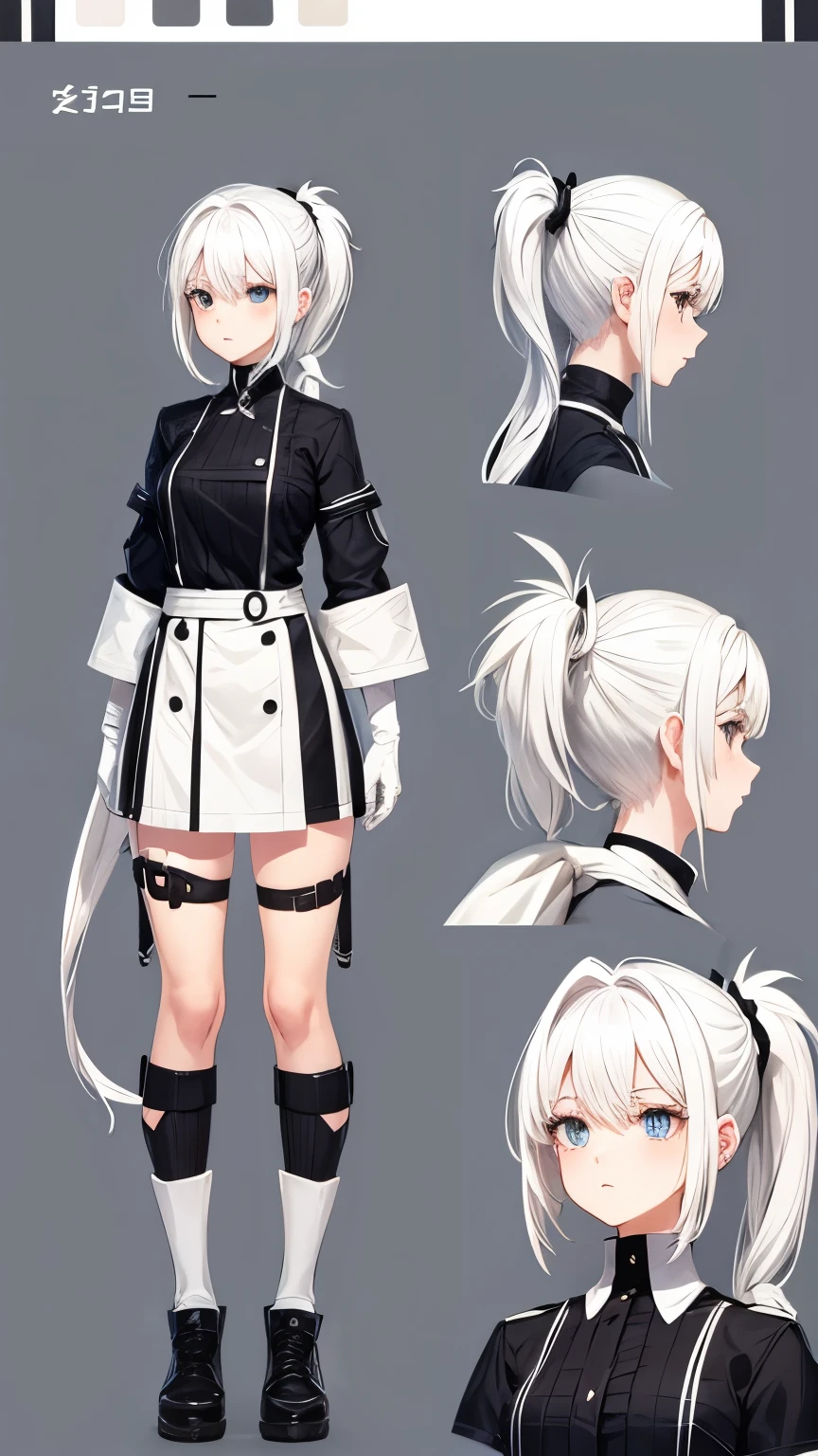 character reference sheet of a girl, white hair, short, big , cute, ponytail hair,