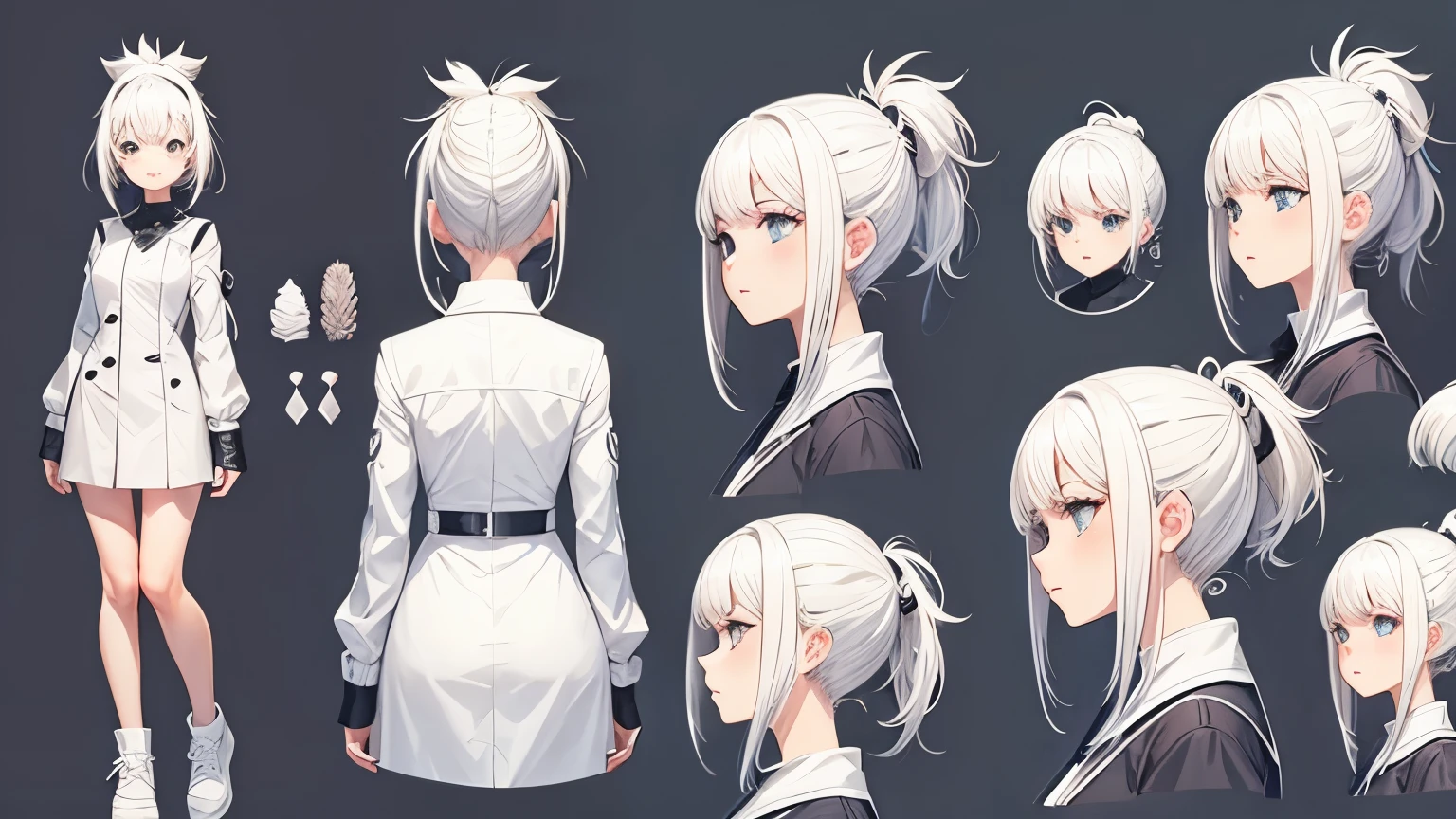 character reference sheet of a girl, white hair, short, big , cute, ponytail hair,