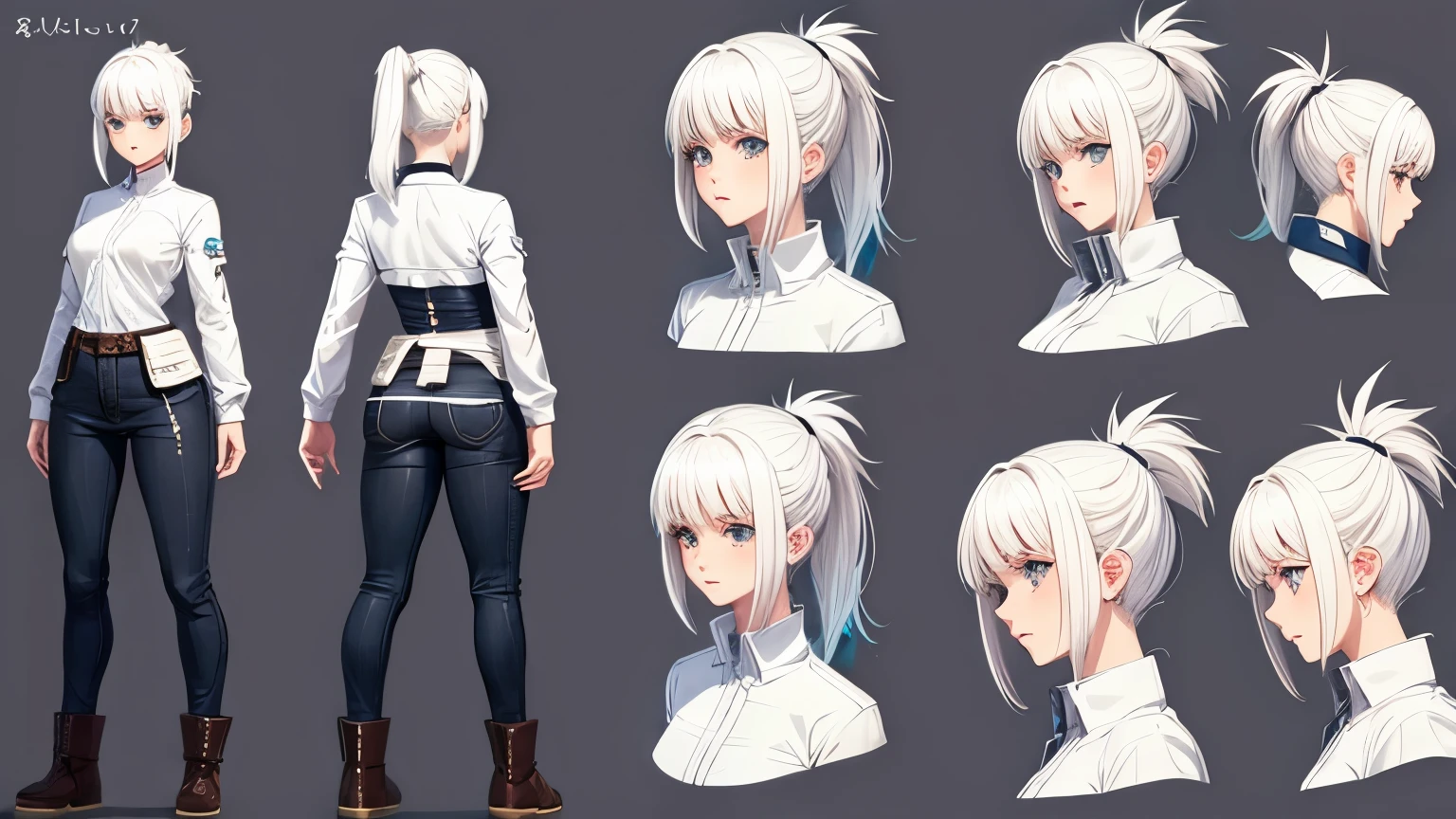 character reference sheet of a girl, white hair, short, big , cute, ponytail hair,