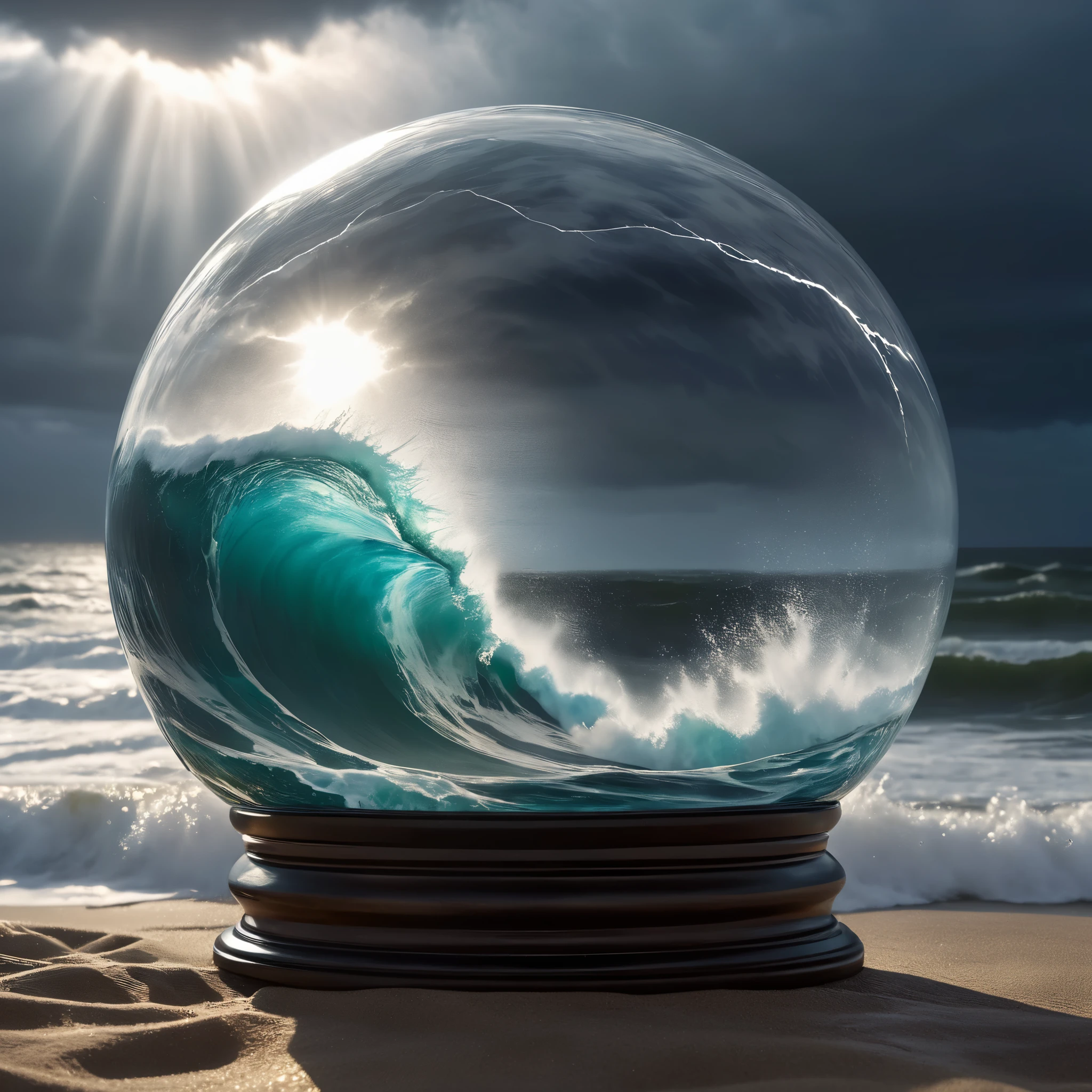 Ghost above the storm waves and under the beating lightning inside a huge glass ball, close-up, full frame, photorealism, hyperrealism, highest quality textures and details, 8k, wide format, RGB 24 bit, volumetric artistic lighting, three-dimensional rendering, shot on Panasonic Lumix S5 Mark II, Luciano Ventrone's work, the best on Artstation