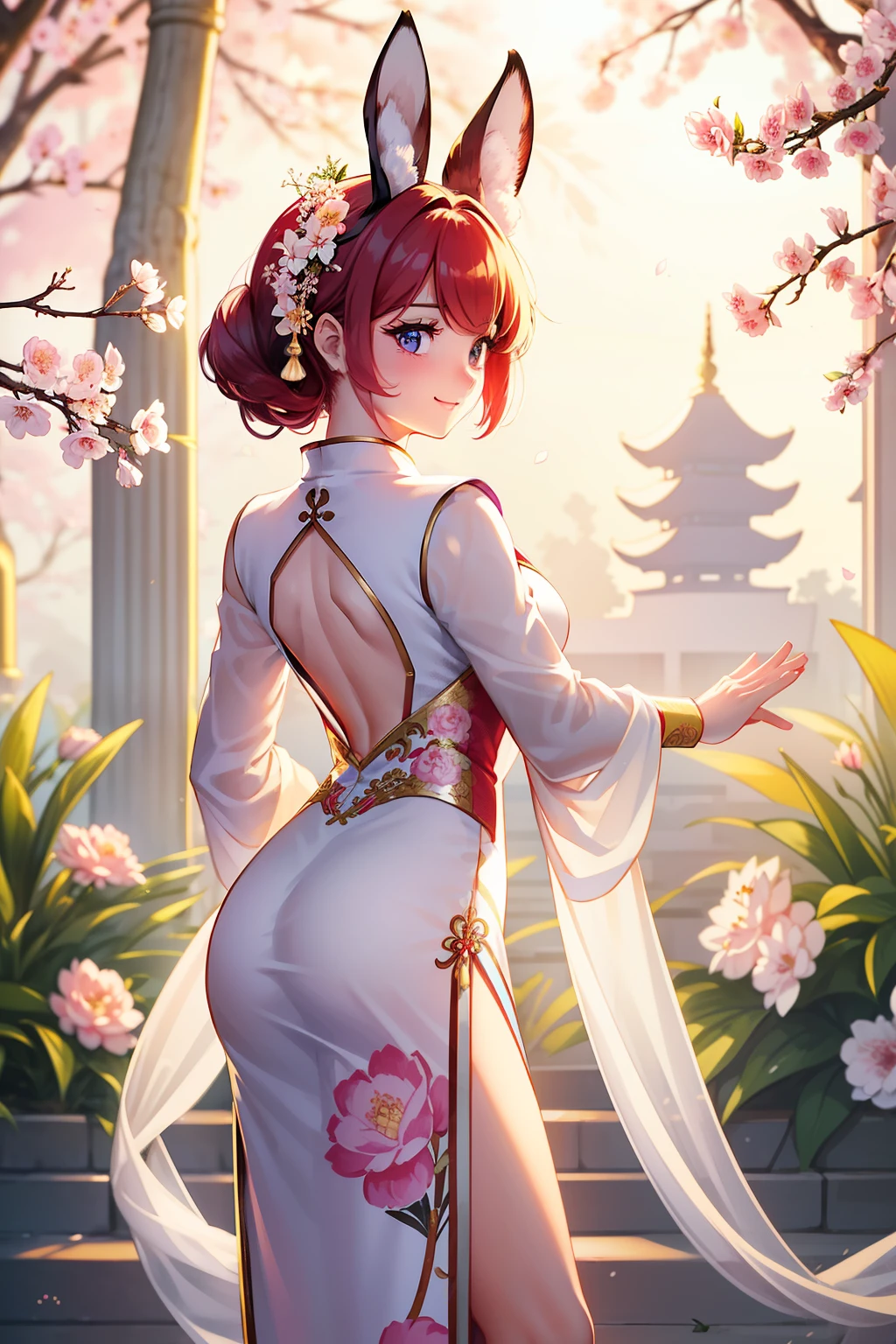 Create an illustration of a character that is a hybrid of a woman and a rabbit. She possesses the charming features of a human with the addition of adorable rabbit characteristics, such as soft, floppy ears and a fluffy, cottontail. She has vibrant, fiery red hair that cascades down her back in gentle waves, complementing her fair complexion and adding to her distinctive appearance. Her eyes are bright and lively, reflecting the curiosity and playfulness often associated with rabbits. She wears elegant Chinese attire that reflects her cultural heritage, consisting of a qipao (cheongsam) adorned with intricate embroidery and delicate patterns inspired by nature. The dress is adorned with traditional Chinese motifs, such as cherry blossoms, peonies, or bamboo, adding to her enchanting aura. Despite her rabbit features, she maintains a graceful and feminine silhouette, with slender limbs and a stature. Her ears, resembling those of a rabbit, are adorned with ornate hairpins or floral decorations, adding to her ethereal beauty. Her expression is cheerful and serene, with a serene smile that lights up her face. She exudes a sense of elegance and grace, embodying the refined and sophisticated qualities often associated with Chinese culture. Surround her with a tranquil and picturesque Chinese backdrop, such as a traditional garden with pagodas and cherry blossom trees, to further emphasize her cultural heritage
