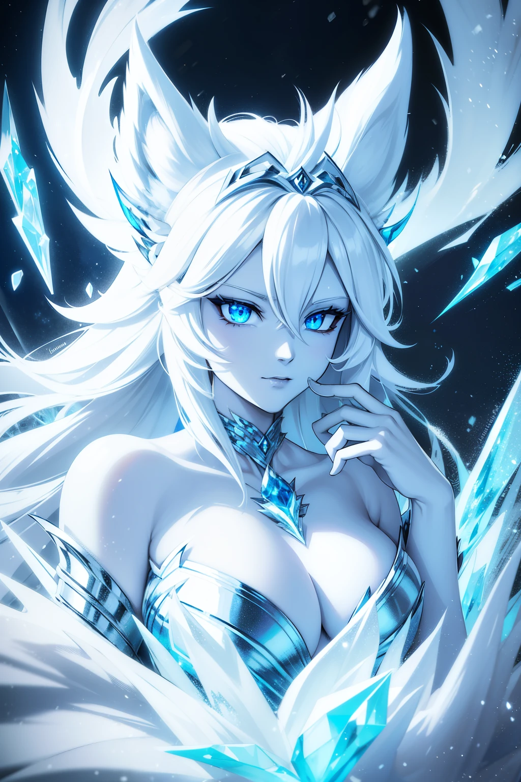 Create an illustration of a half-woman, half-fenrir character named Freya Frost. Freya has silver hair that shines like ice and eyes as blue as the winter sky. Her skin is pale and cold to the touch, emitting an icy aura around her. She wears clothing reminiscent of the purity of snow, exuding a frosty elegance and imposing presence. As a fenrir hybrid, Freya possesses a deep connection with ice and snow, able to freeze the air around her and conjure snowstorms with a simple gesture. The illustration should capture her icy essence and commanding demeanor, showcasing her as a powerful and captivating figure in the world of Arcana