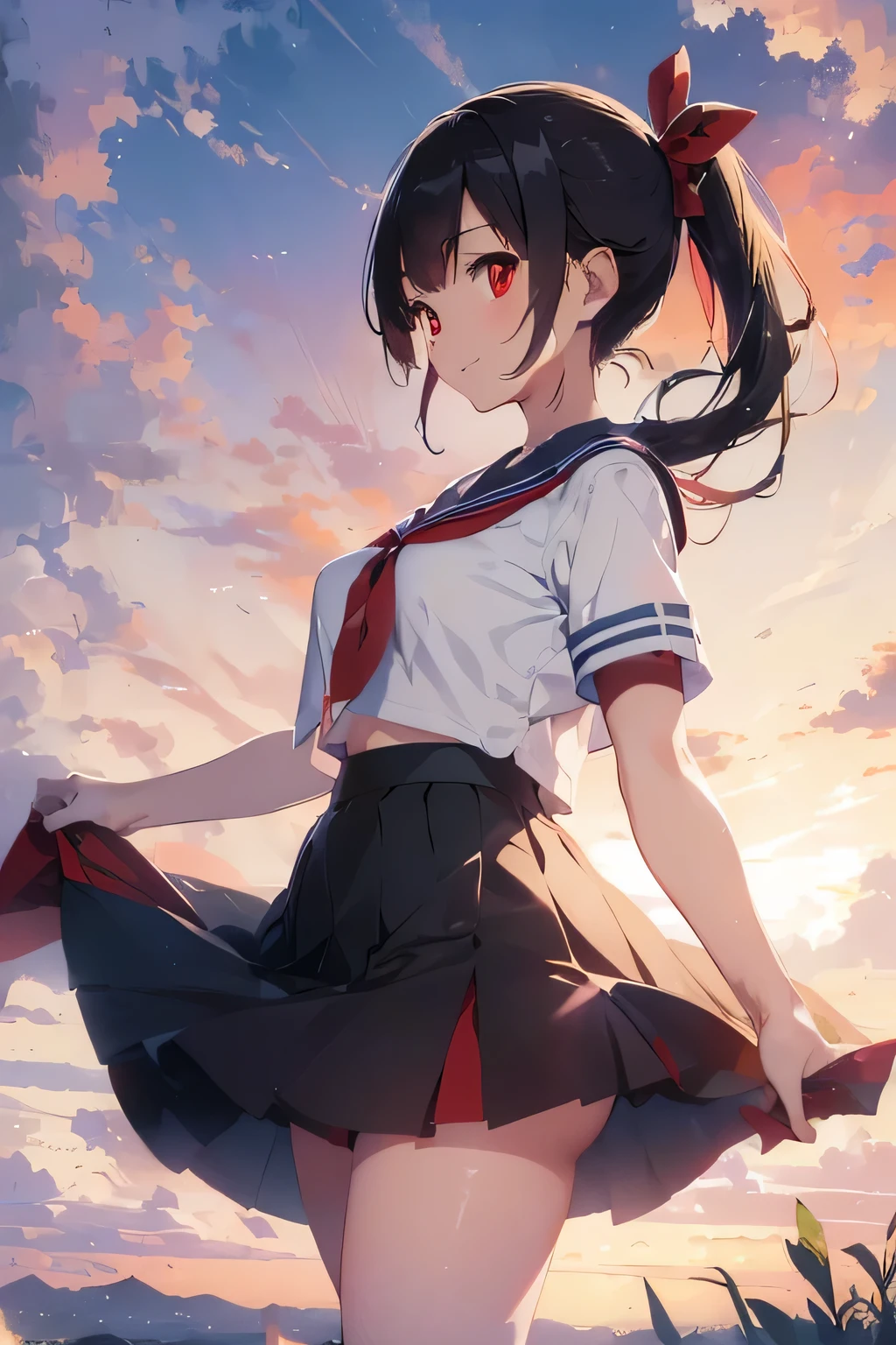(NSFW: 0.6): ((highest quality, 4k, masterpiece: 1.3)), (1 person: 1.4), 1 girl, ((Holding down my skirt that was flipped up by the wind)),((The wind flipped my skirt and exposed my crotch..)), ((When the wind catches the hem of the sailor suit, it rolls up a little..)), ((Low - Angle)),((View from quite below)), ((Angle from the front)), japanese woman, Beautiful big breasts Ideal beautiful big breasts, ((Beautiful upward facing breasts: 1.2)), Beautifully raised mons pubis,, ((stand in honor)), ((face down)), ((Stand with your feet shoulder-width apart)), , ((thin)), photo sculpture, sunset,Backlight, high contrast,Aperture F1.2, Focus distance 35mm, (whole body: 1.2), ((exquisite blush)), ((best smile)), ((I'm embarrassed but with a big smile)), ((Front view)), You can see all her very thin and beautiful legs, White sailor uniform with few wrinkles, ((Backlightで透ける白いセーラー服)), white sailor suit without buttons, ((White sailor uniform with a loose silhouette)), ((Knee-length blue skirt)), Blue sailor color on both front and back, ((white breastplate)), ((Red sailor scarf that is not a ribbon)), ((Don'Please tuck the sailor suit into your skirt)),((Unmanned stations on Japanese local railways)), ((long black hair)), ((white ponytail ribbon)), ((Long straight ponytail)), ((red eyes: 1.6)) ,((You can see a little of my stomach)), ((wind blowing from right to left))