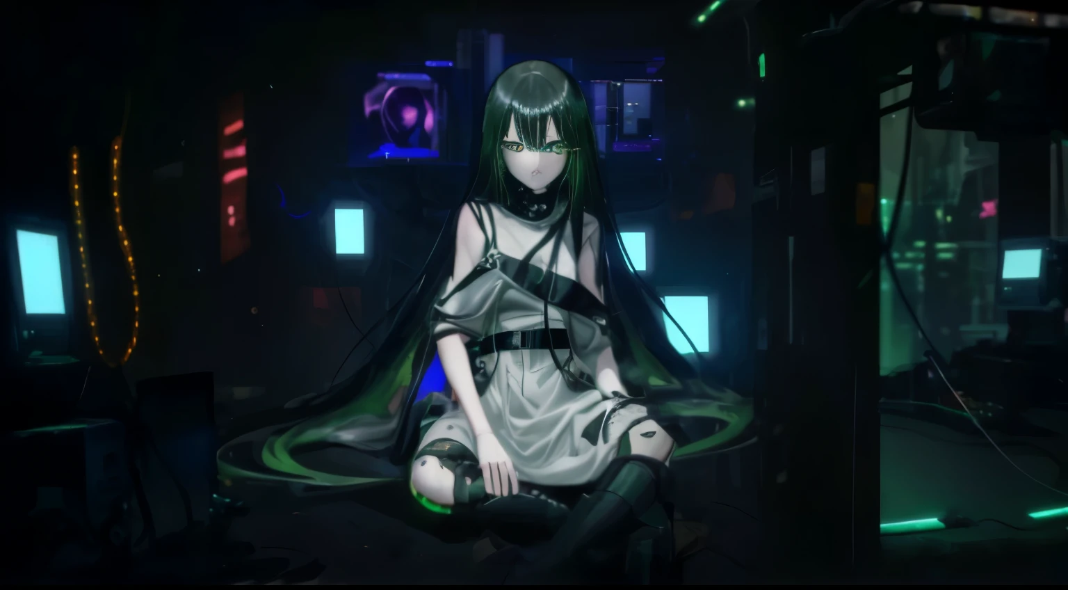 Young woman, wires, Monitors, cyberpunk, sitting on the floor, Black long hair, Green eyes, Head down, sad face, black clothes, High detail, High detail лица