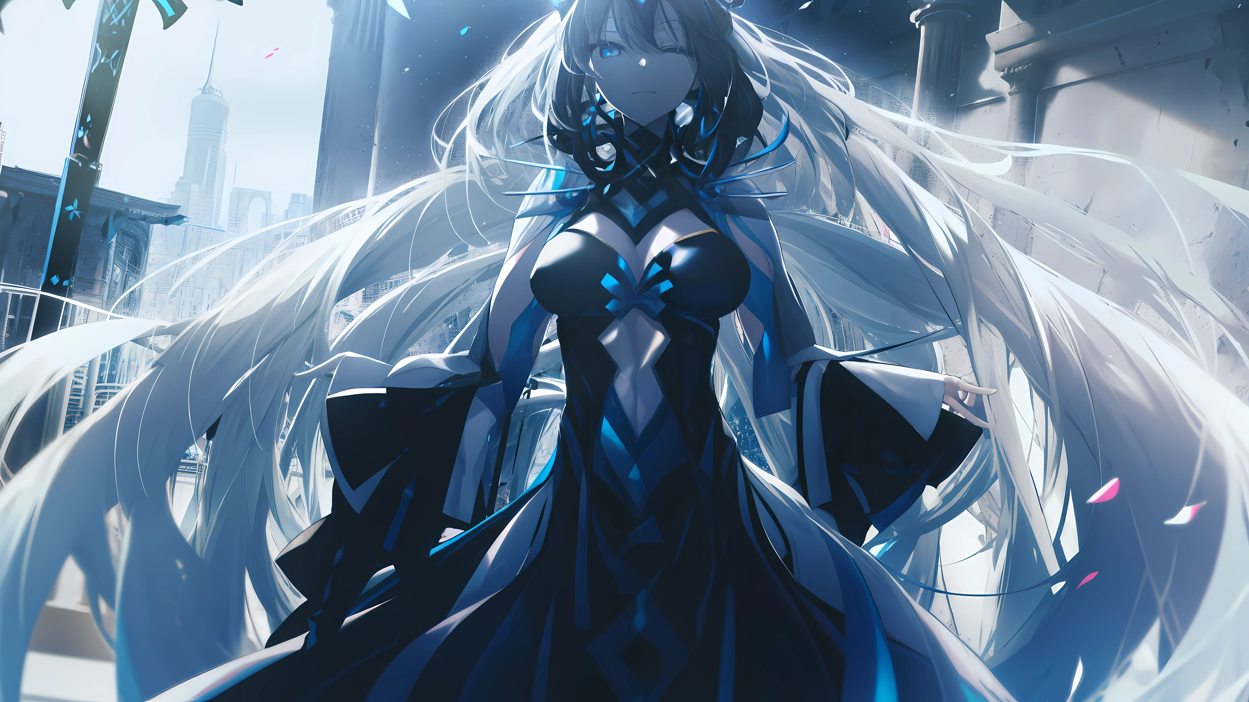 1girl, black dress, braid, breasts, detached sleeves, dress, floating hair, French braid, highness, long hair, fate/grand order, Morgan le Fay，white hair, black veil, Blue crown,anime, yandere, dark background, Dark Aura, darkness, tyndall effect,photorealistic, dark studio, rim lighting, two tone lighting,(high detailed skin:1.2), 8k uhd, soft lighting, high quality, volumetric lighting, candid, Photograph, high resolution, 4k, 8k, Bokeh