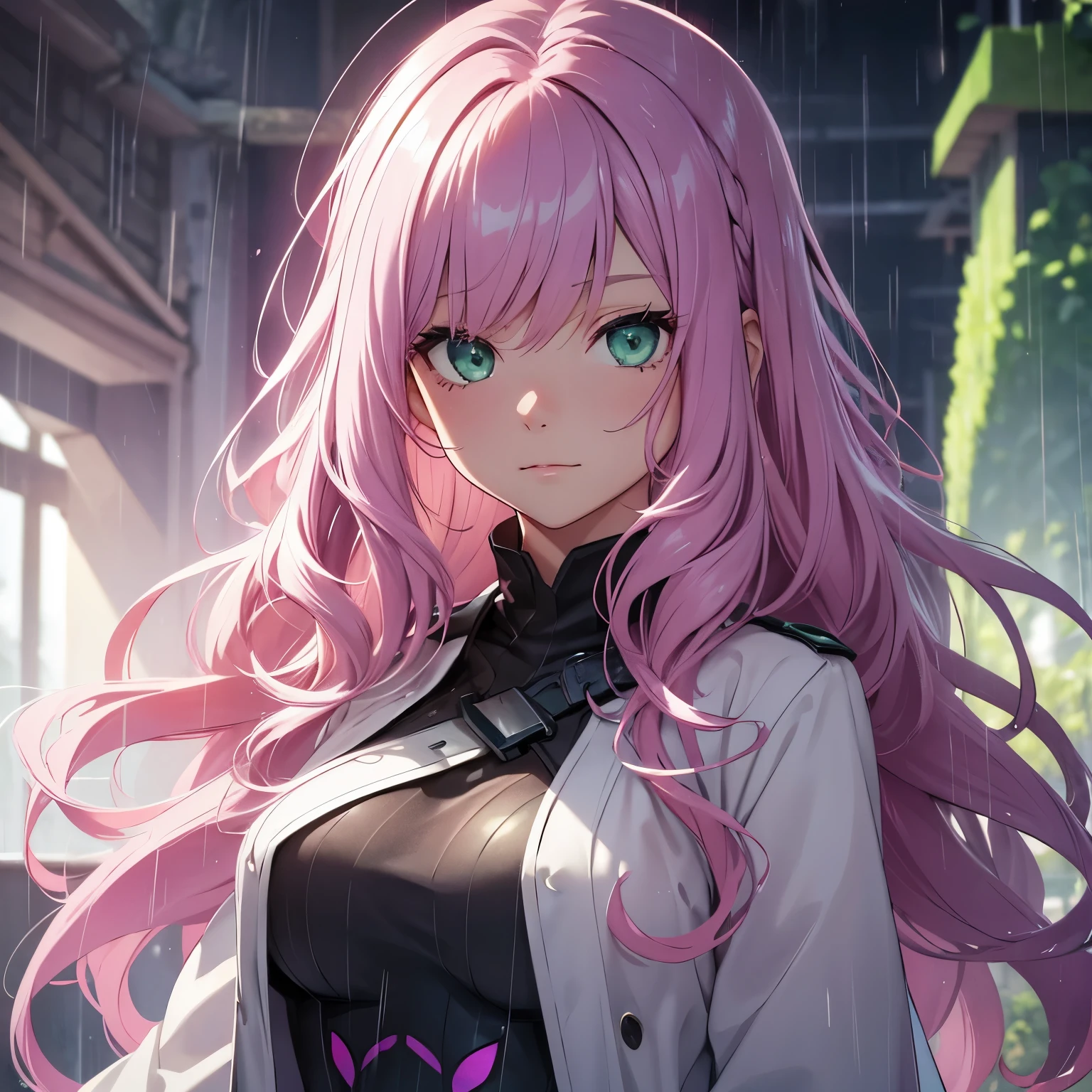 Girl, pink hair, lock of hair, wavy hair, green eyes, in rain, ((dynamic light)), future violet armor, butterfly cut style hair