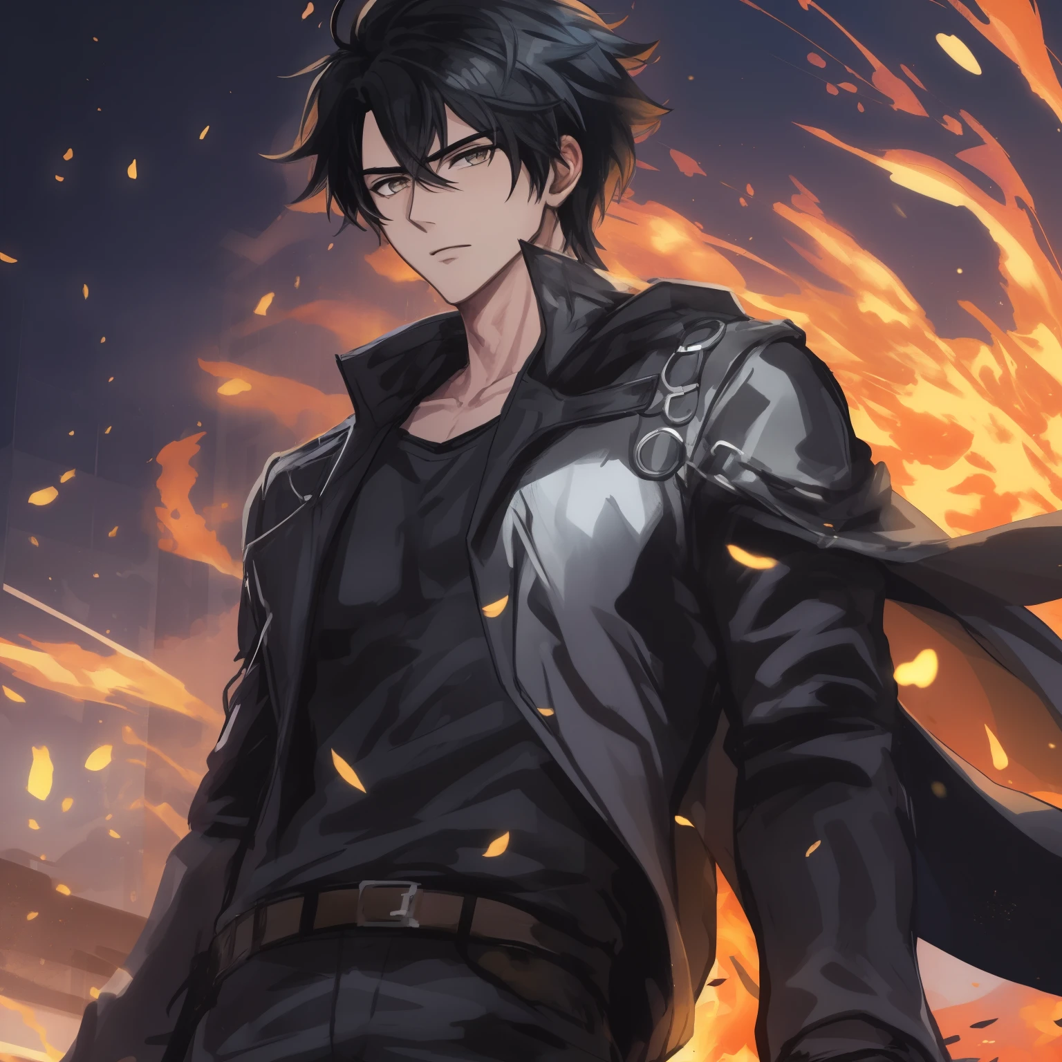 Anime character with black hair and black coat standing in front of a fogo, badass anime 8 k, inspirado em Okumura Masanobu, fogo!! corpo inteiro, Papel de parede anime 4k, fogo behind him, 4k anime wallpapers, papel de parede de anime 4k, 4K manga wallpaper, Gatilho Estilo de Arte de Anime, cara bonito na arte demon slayer