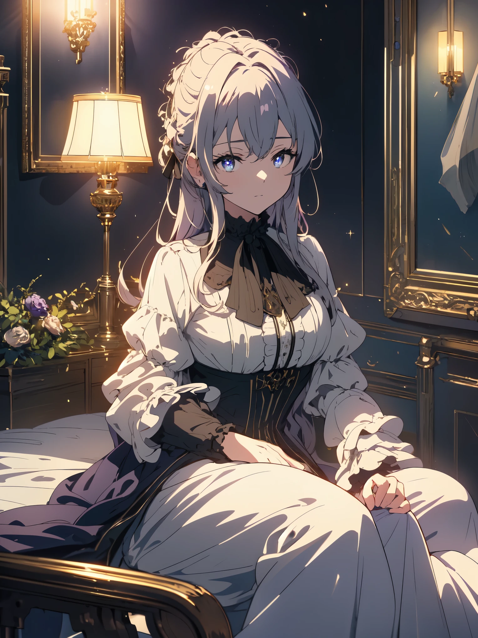 masterpiece, highest quality, (Highly detailed CG integrated 8k wallpaper), (highest quality), (Best Illustration), (best shadow), (Stable diffusion model), violet evergarden, (Shining eyes、詳細なbeautiful顔)、sparkling, beautiful, victorian style bedroom, dynamic lighting, Depth of the bounds written、beautifulアニメ