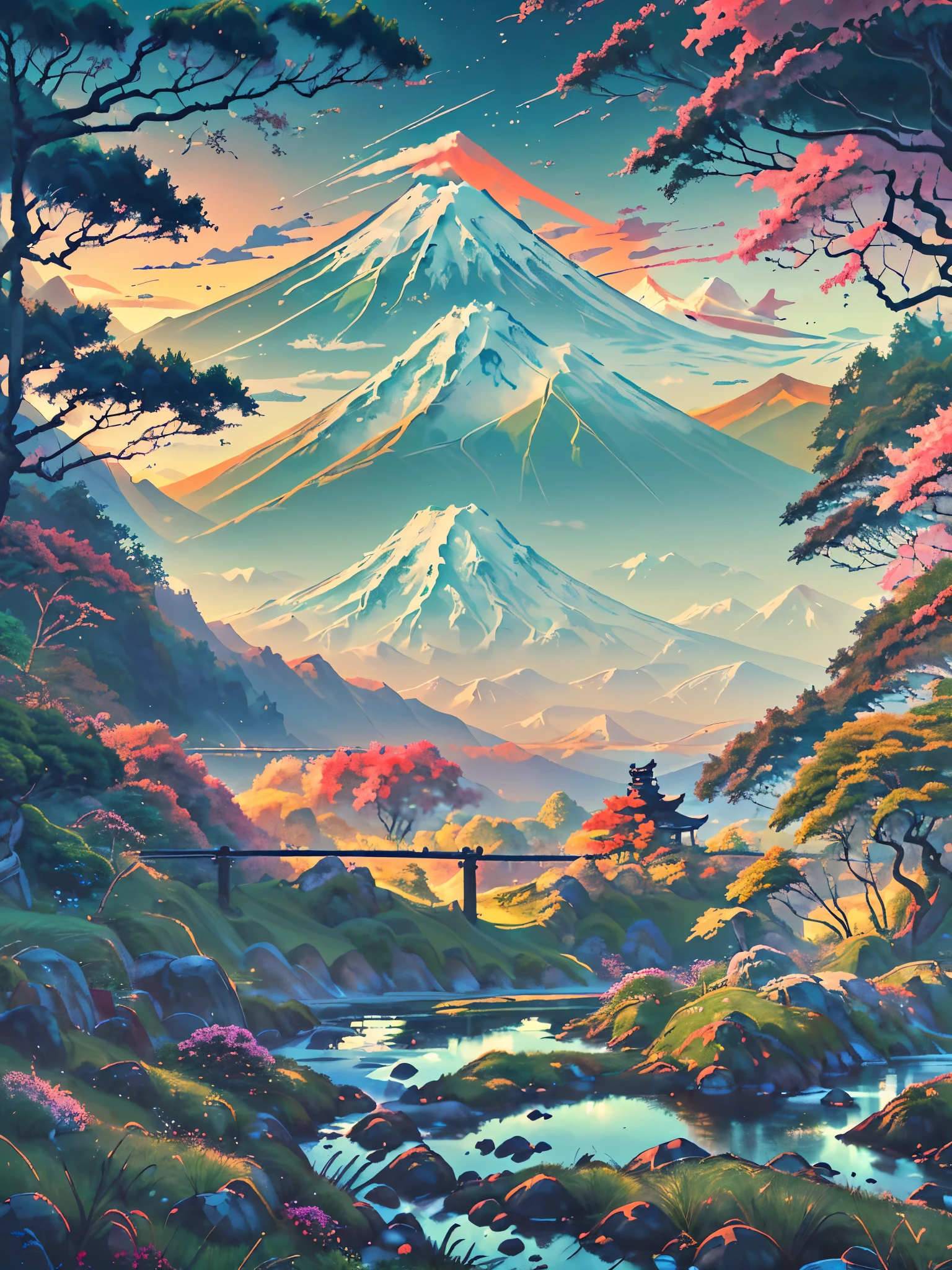 A Japanese valley unfolds with Mount Fuji in the background. Alongside vibrant grass, a slender road meanders, accompanied by the presence of tall trees, enhancing the serene beauty of the landscape.