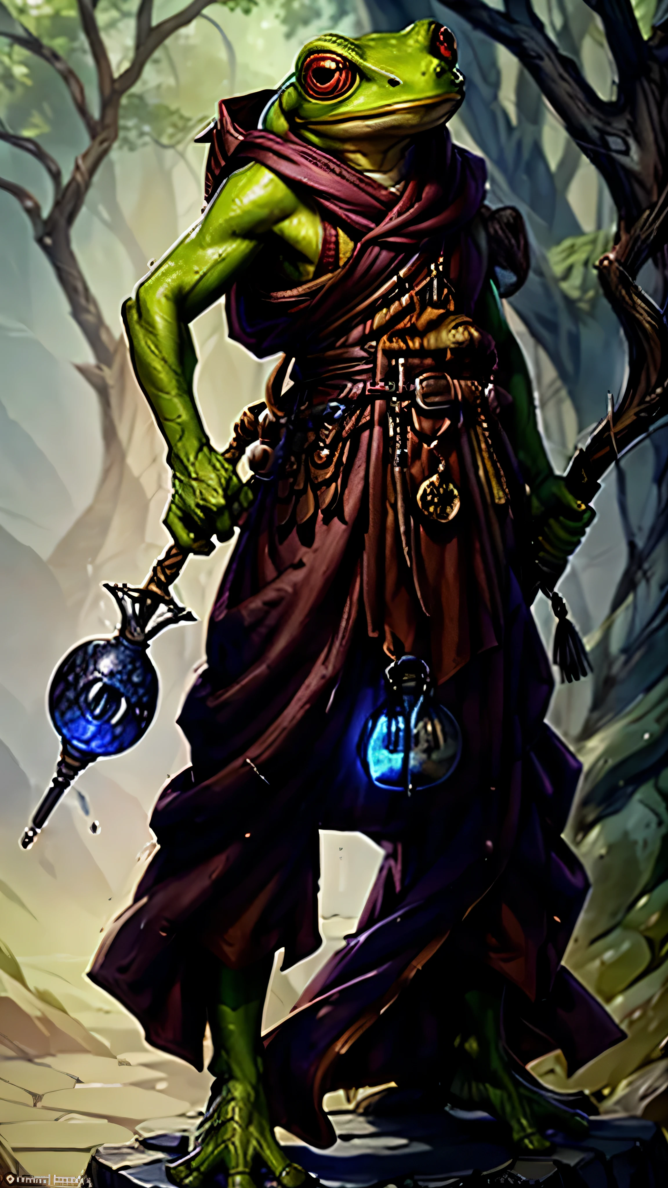 grippli, frog face, red eyes, tree frog, holding  long bo staff 7ft, monk clothes, baggy robes, potion bottles, bottles on belt, focus on 1 male figure, solo, ultra detailed concept art, perfect composition, concept art, vibrant colors background, volumetric lighting, light studio, vibrant, intricate details
