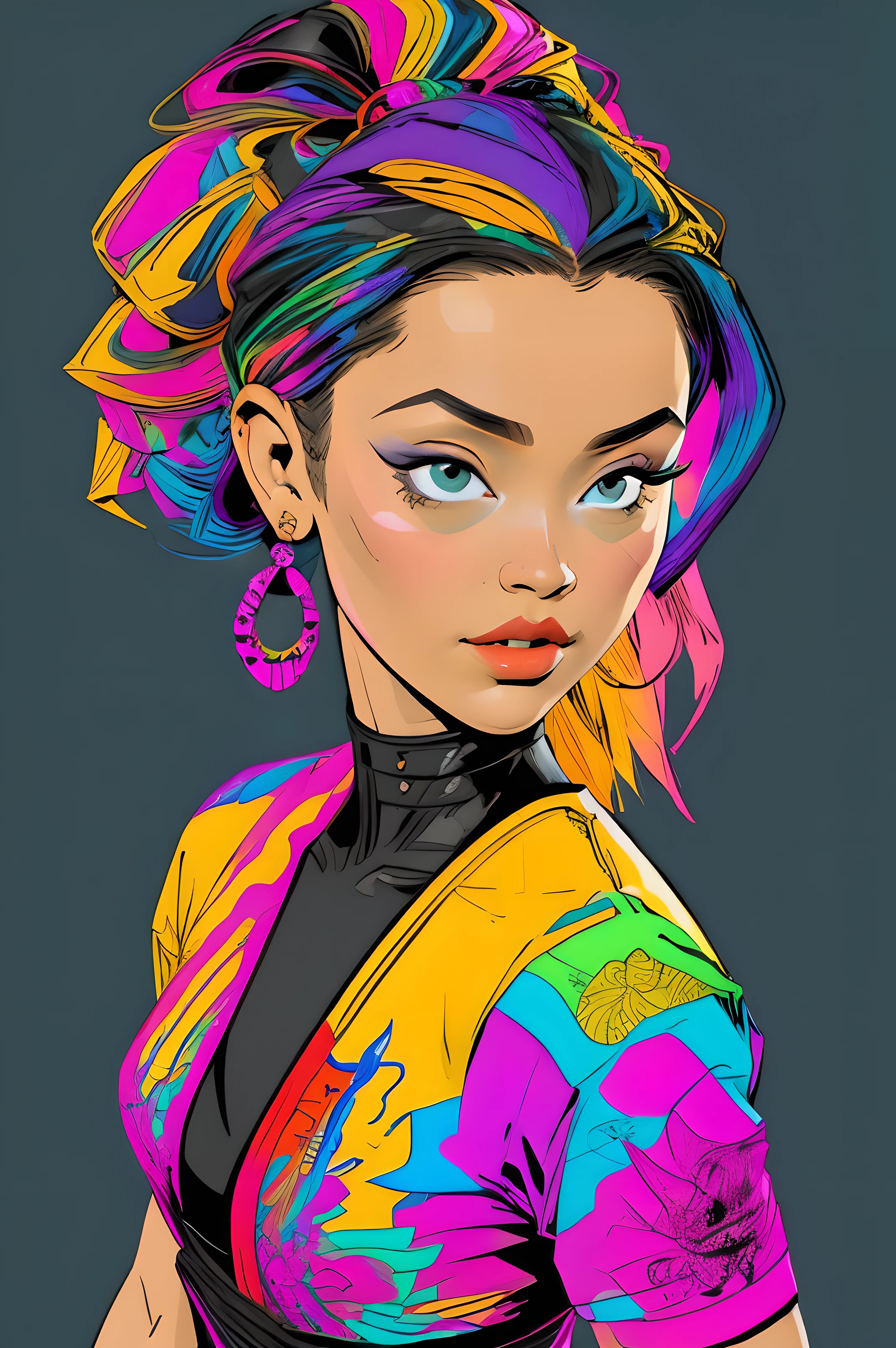 (Obra maestra, Mejor calidad:1.3), 1 chica, sombreado de celdas, contornos en negrita, colores planos, sharp shadows, Graphic style, (influencia del manga), lineas limpias, (llamativo fondo visual multicolor