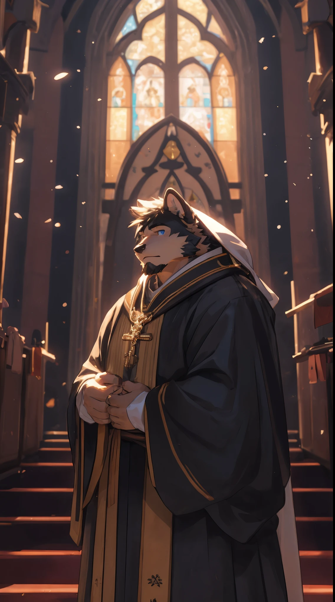 chubby,hairy的熊兽人,male,golden pupils,24 years old,hairy,fat belly,hansome,Partial realism,light and shadow,A beam of light shines into the darkness,priest,教堂的priest,sacred,hairy的狼兽人,male,golden pupils,hairy,hansome,Partial realism,light and shadow,church background,gentle expression,Shocking performance,humble gesture,priest的装扮,sacred,holy,whole body,8k,Character front,epic setting,masterpiece, alone, blue eyes, Detailed face, 21 years old adult, hairy的, male, Lovely, whole body, hairy的,Cute style, portrait, head shot portrait, Very detailed, expressive, dramatic light, epic setting, Very detailed, light versus darkness, Cinema lighting, intricate details, depth of field