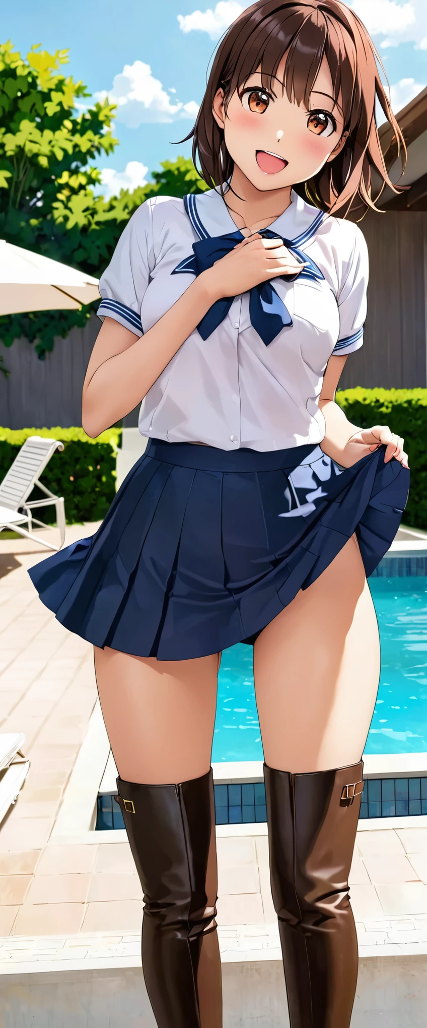 woman,20-year-old,pool,noon,(((miniskirt school uniform))),,open mouth smile((leather thigh high boots))(lift up skirt),(big butt),(()),blush、surprised face,(((I can see your panties))),((turn around and look back))(cute underwear)