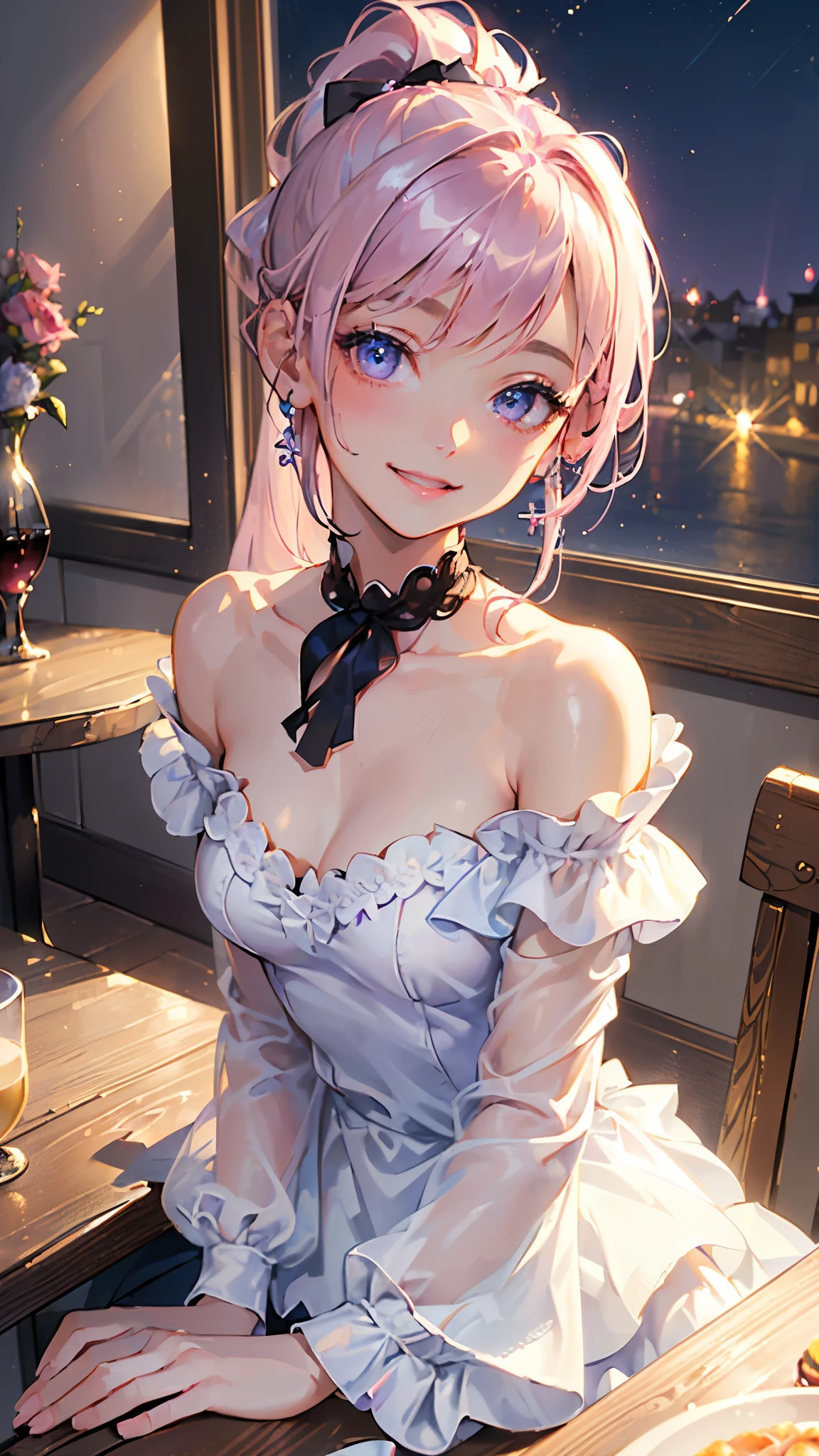 (((1girl))), (((masterpiece))), (((best quality))), (((high resolution))), (((extremely detailed))), (((8k))), (((extremely lovely and delicately and naturally detailed elegant elegant woman))), (((exteremely detailed eyes))), (((detailed soft light))), (((silky pink mix purple hair))), (((ponytail hair))), (((off shoulder long sleeve a-line mini dress))), ((neck)), ((shoulder)), ((cleavage)), (cute hair ribbons), ((in a cafe)), ((night town outside the window)) (chair), (table), (window), ((night)), (feminine pose), ((sweet happy smile)), ((modelshoot style)), ((full shot)), ((dynamic angle)), ((cinematic)), ((unity render)), ((85mm)), ((hdr)), ((upper body), ((close up))