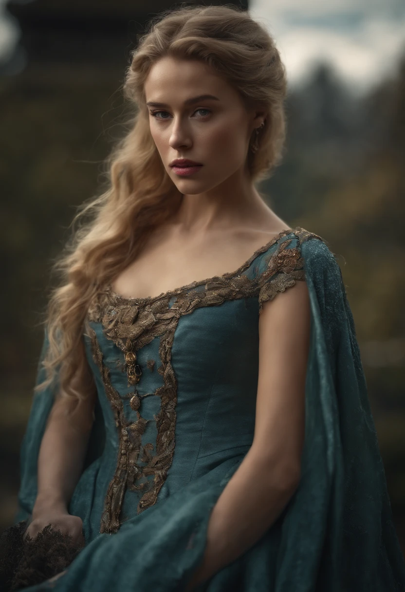 played by Amber Heard, film portrait, ((upper body)), in front of the audience, (reality :1.3), The most beautiful art photo in the world, looking at the camera, European medieval court dress, turquoise gray dress, gorgeous, soft chiffon, beautiful detailed face, Action shooting, (intricate :1.4), Medieval snowy castle background, snow-covered landscape, realistic photo, CG, art station. (Masterpiece, Best quality, high resolution:1.4), 1 girl, skin pores texture, Blonde hair, hd , Photography, Movie, cinematographic, realistic, (8K, raw photo, Best quality, Masterpiece:1.2), (realistic, photo-realistic:1.33). (freckles:0. 5) , outside, chapped lips, soft natural lighting, Magic photography, dramatic lighting, Photographic realism, ultra detailed, intimate full body shot composition, Leica 50mm