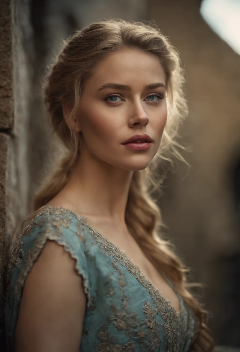 played by Amber Heard, film portrait, ((upper body)), in front of the audience, (reality :1.3), The most beautiful art photo in the world, looking at the camera, European medieval court dress, turquoise gray dress, gorgeous, soft chiffon, beautiful detailed face, Action shooting, (intricate :1.4), Medieval snowy castle background, snow-covered landscape, realistic photo, CG, art station. (Masterpiece, Best quality, high resolution:1.4), 1 girl, skin pores texture, Blonde hair, hd , Photography, Movie, cinematographic, realistic, (8K, raw photo, Best quality, Masterpiece:1.2), (realistic, photo-realistic:1.33). (freckles:0. 5) , outside, chapped lips, soft natural lighting, Magic photography, dramatic lighting, Photographic realism, ultra detailed, intimate full body shot composition, Leica 50mm