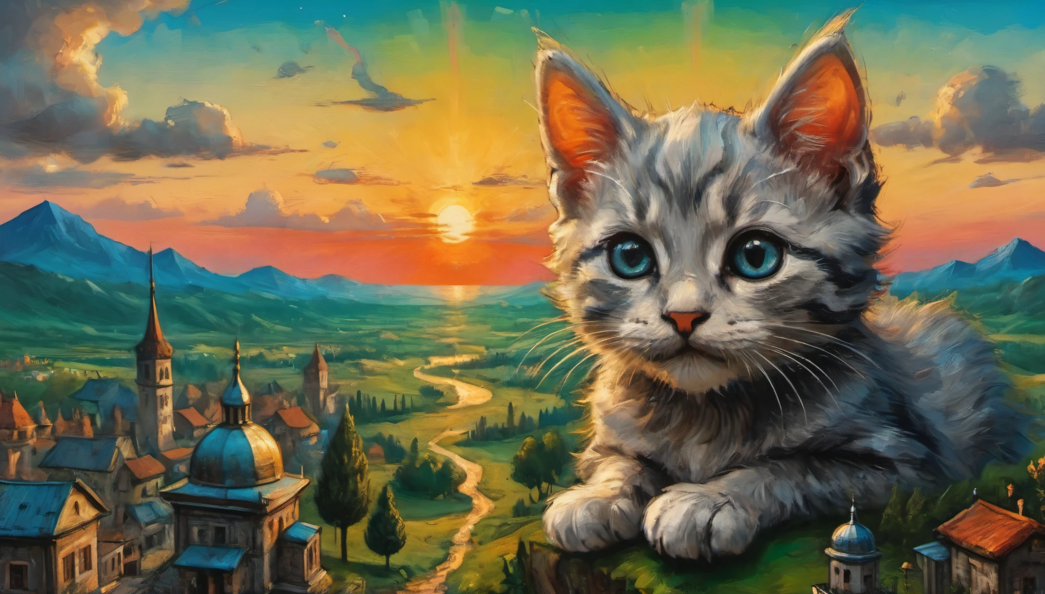 ((top air view)) A cute kitten made of metal, robot, cyberpunk  crimson sunset, created ((in the style of Albrecht Altdorfer)), Renaissance, pin-dot art,((oil painting knife)), rainessanse older gradient, Complex details, intricate, aesthetics, ((best quality, Masterpiece)),
((Highest detail), Octane rendering, 8K  