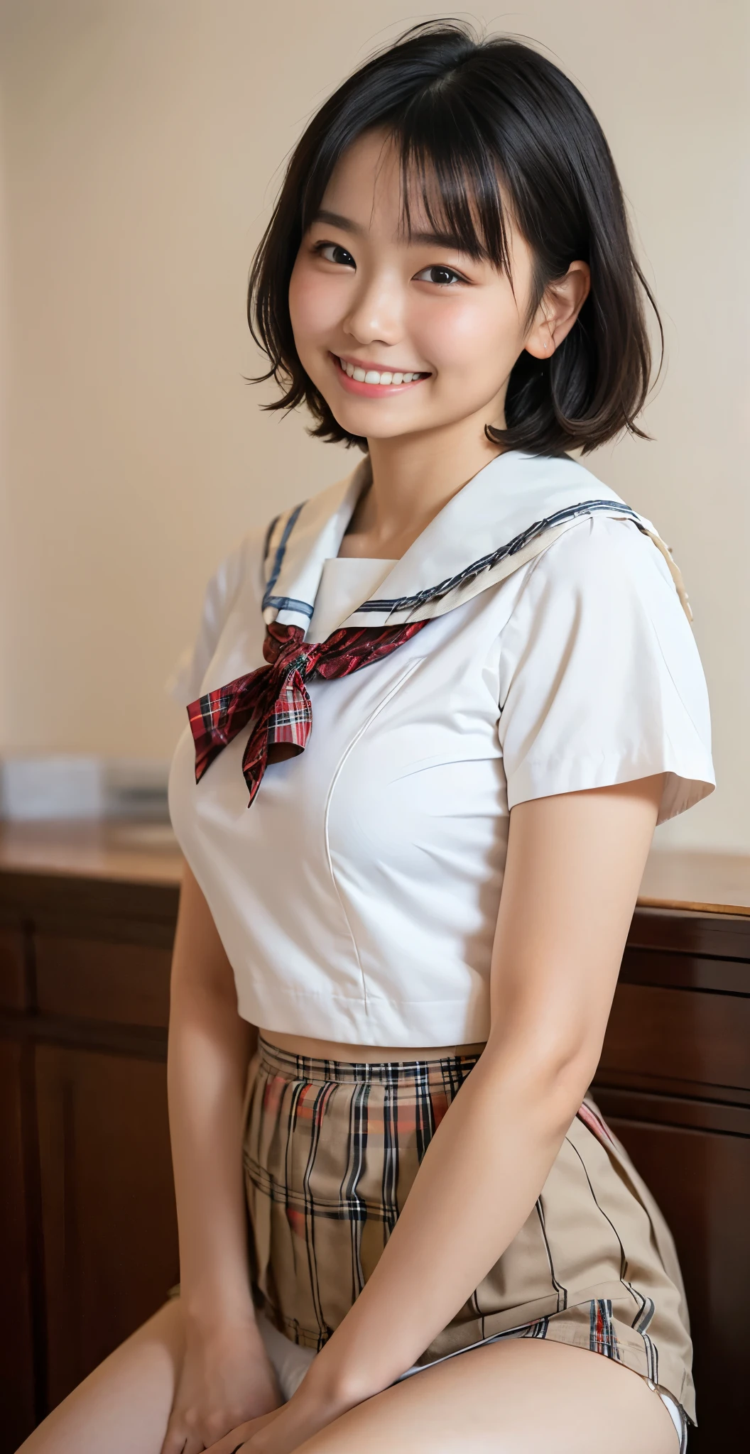 （8k、Raw photography、highest quality、masterpiece：1.2),(black haired、very short hair:1.8),(twin mitsu braid:1.4)、show viewer,Looking at the front,erotic,白いskin,(I am wearing a beige and red school uniform.。.。.:1.7)、(Clothing that emphasizes the shape of your chest、publish one&#39;skin:1.5)、(big breasts :1.2)、slim body shape、ultra high resolution,beautiful,beautiful fece,(alone、no background:1.9),whole bodyボディー,japanese woman,（Photoreal：1.37）、photon mapping,reality、(Baby-faced and cute: 1.0)、(cute smile: 1.7)、(With a round face: 1.7)、radio city、Physically based rendering、depth of field rally background、photograph, (I can see your knees,plaid short skirt、close up of thighs、show white panties:1.5),whole body、super fine